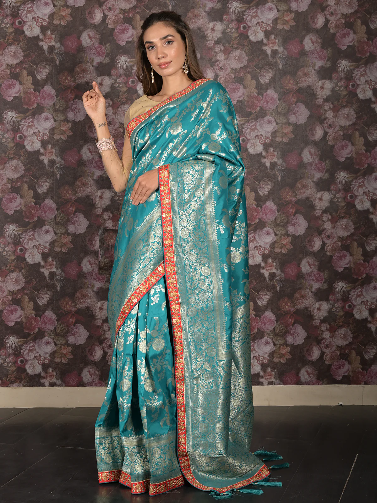 Odette Teal Ethnic Banarasi Silk Saree with Unstitched Blouse for Women - Image 2
