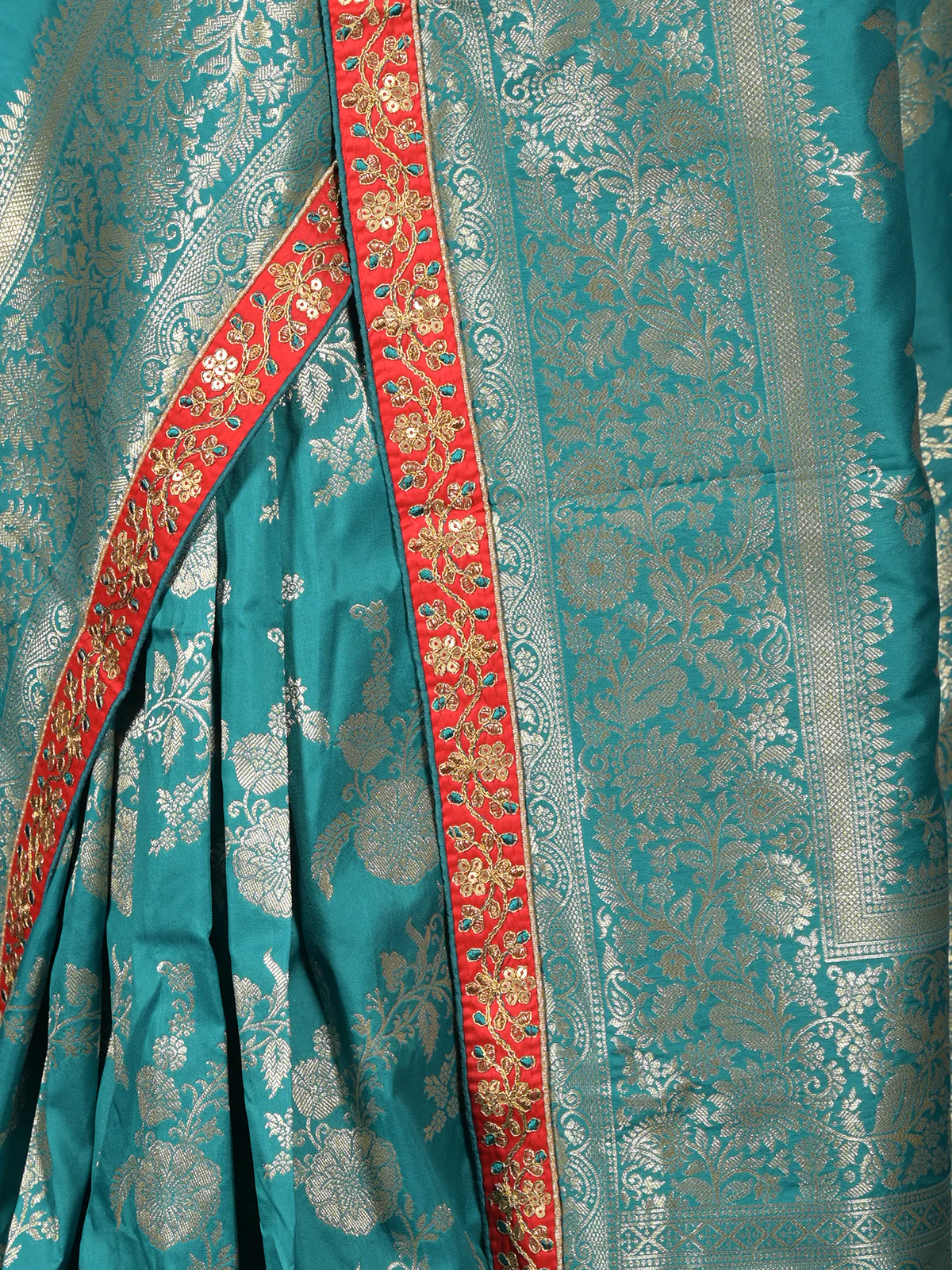 Odette Teal Ethnic Banarasi Silk Saree with Unstitched Blouse for Women - Image 4