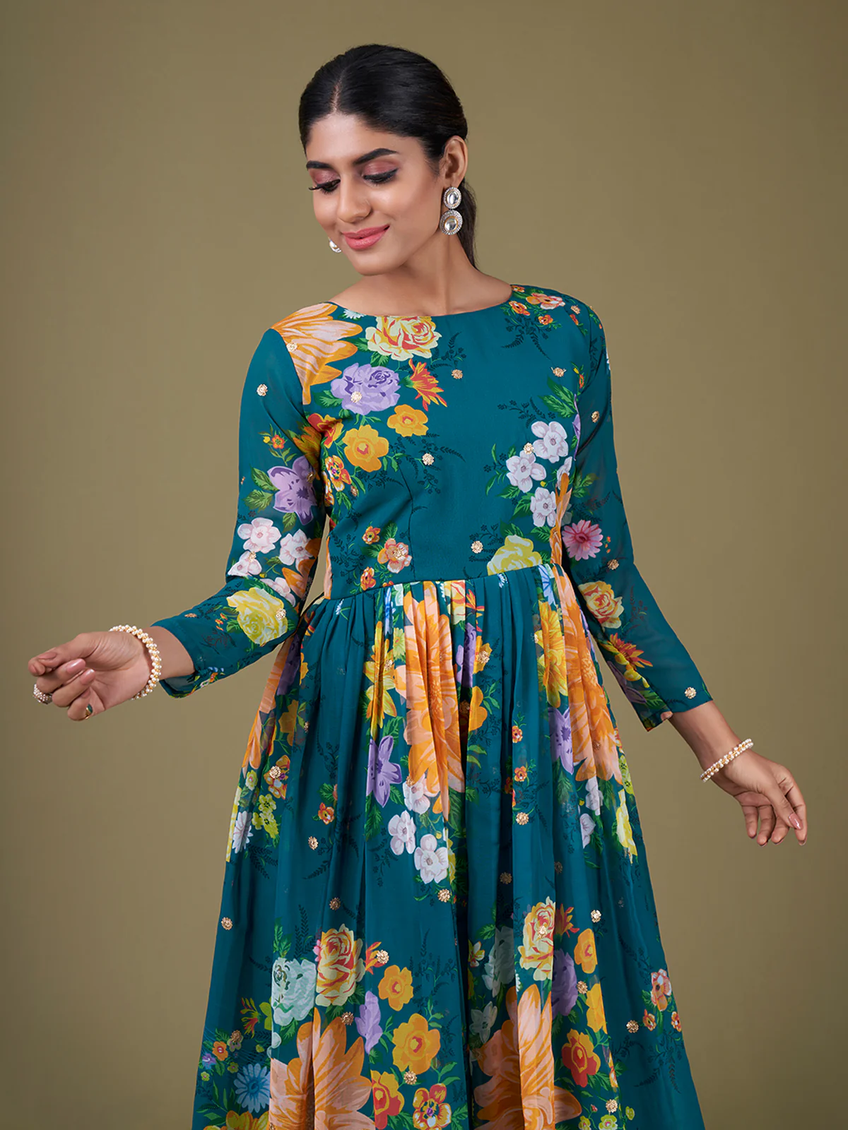 Odette Teal Faux Georgette Printed Semi Stitched Anarkali Kurta Set For Women - Image 4