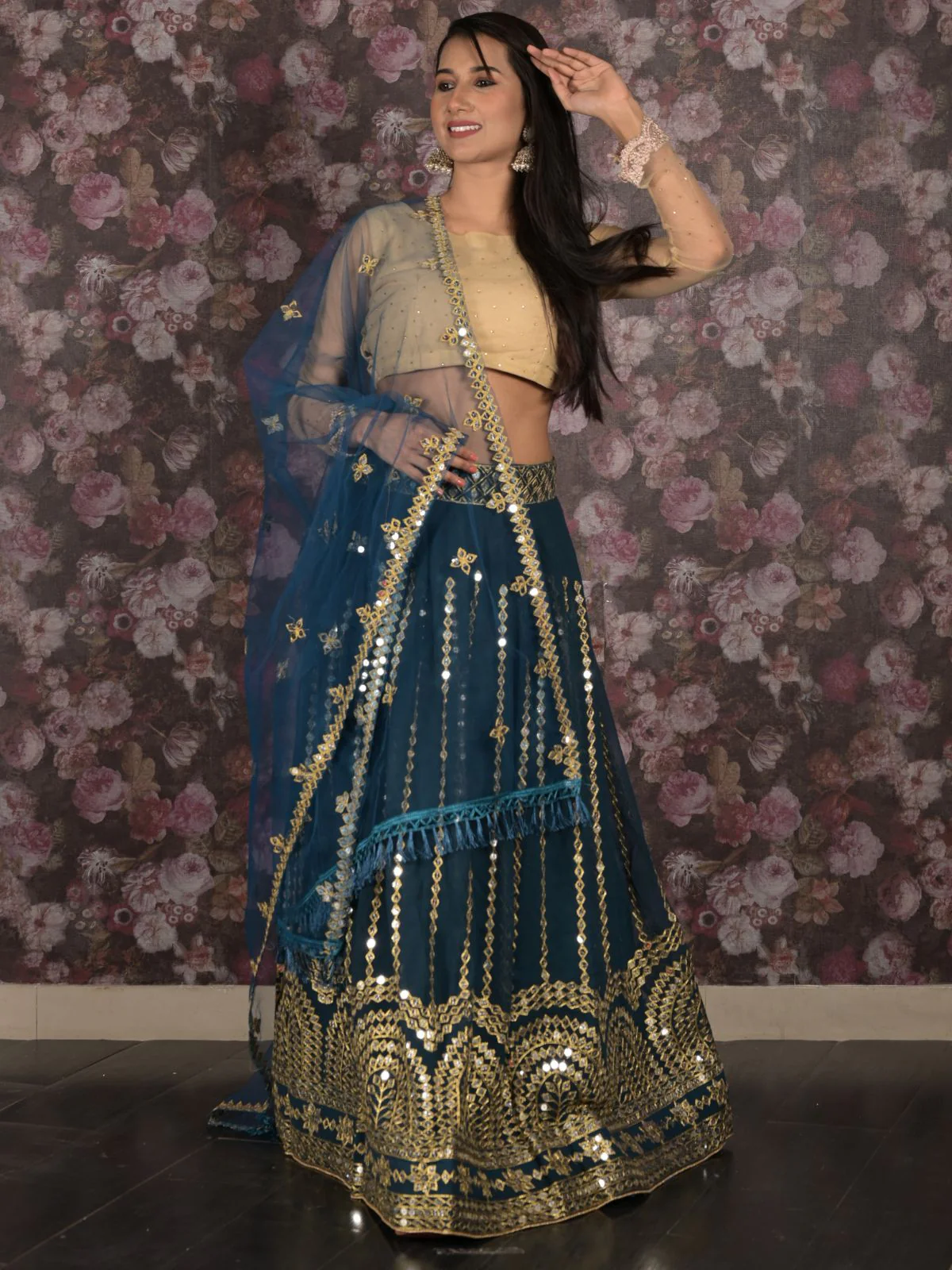 Odette Teal Faux Mirror Embroidered Georgette Semi-Stitched Lehenga with Unstitched Blouse for Women - Image 2