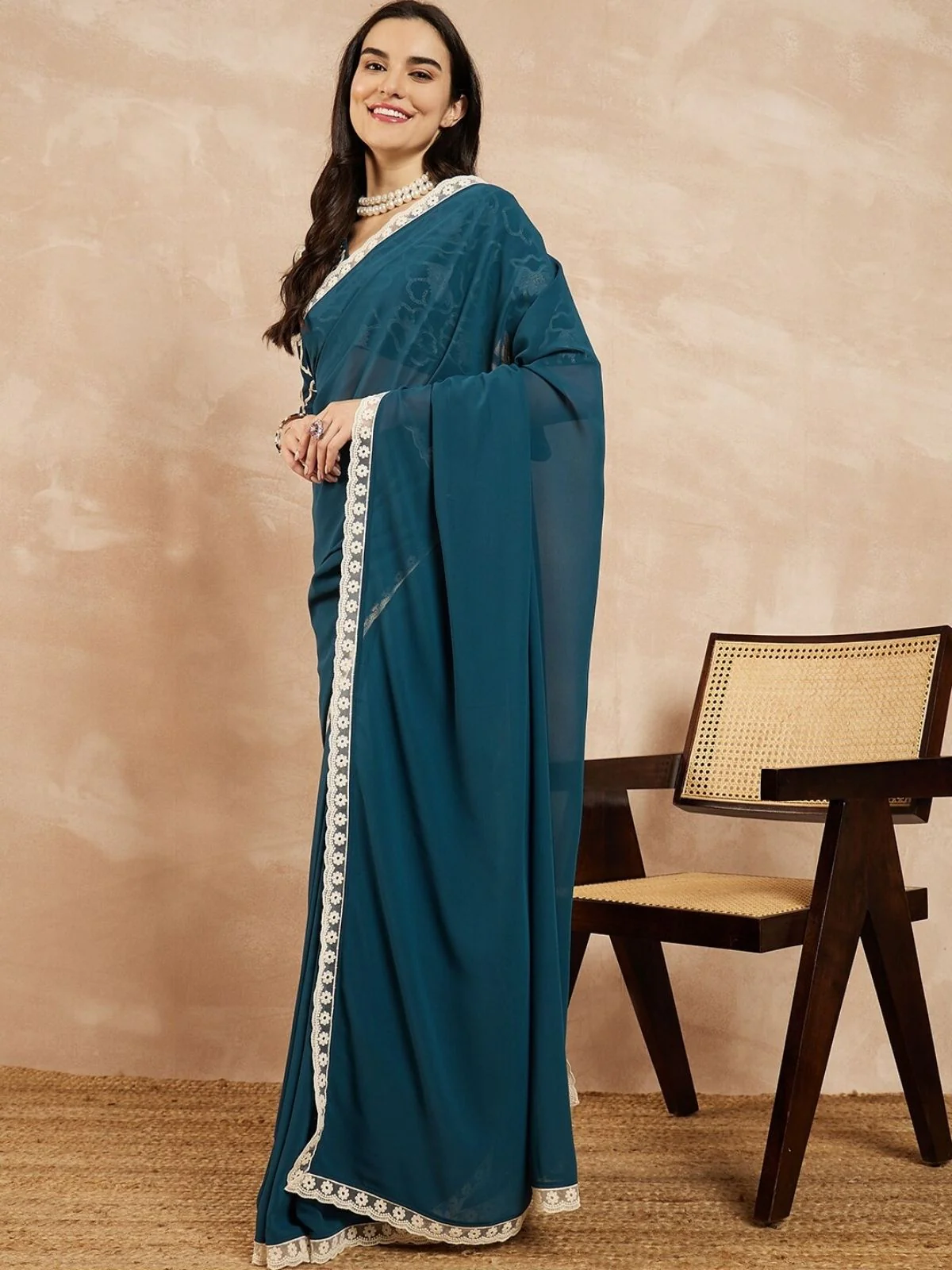 Odette Teal Georgette Embellished Saree For Women - Image 2