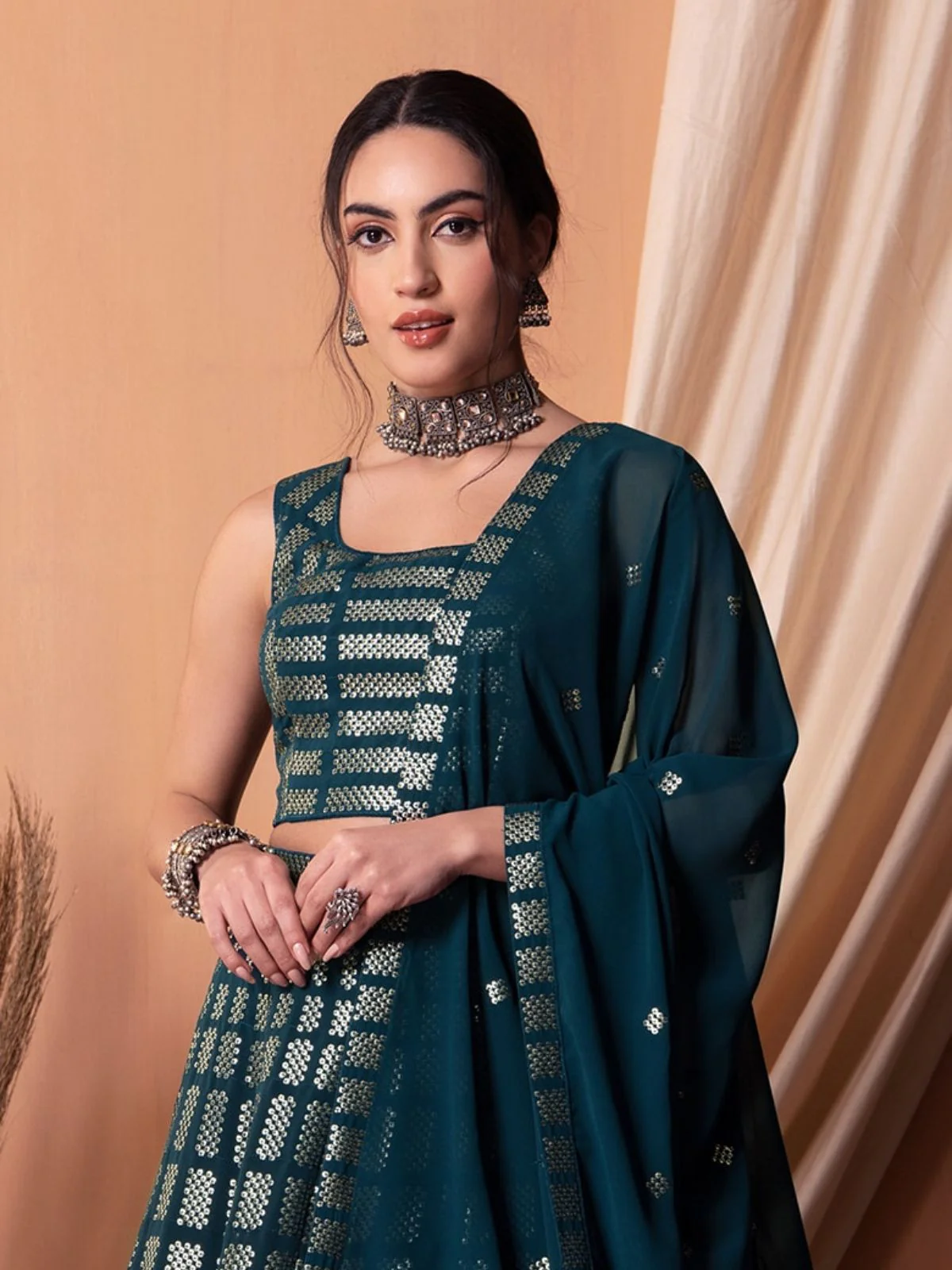 Odette Teal Georgette Embellished Semi-Stitched Lehenga For Women - Image 2
