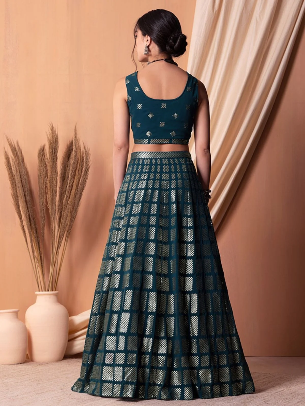 Odette Teal Georgette Embellished Semi-Stitched Lehenga For Women - Image 3