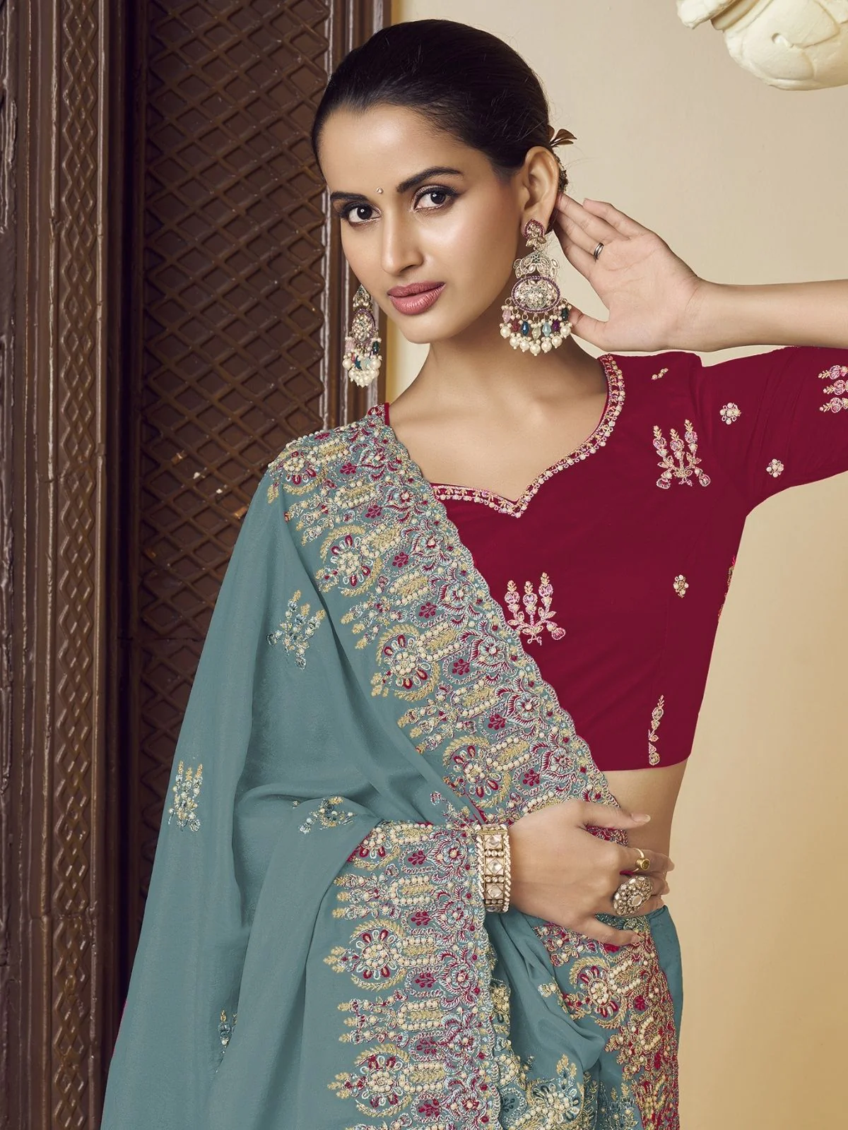 Odette Teal Georgette Embroidered Elegant Saree For Women - Image 2