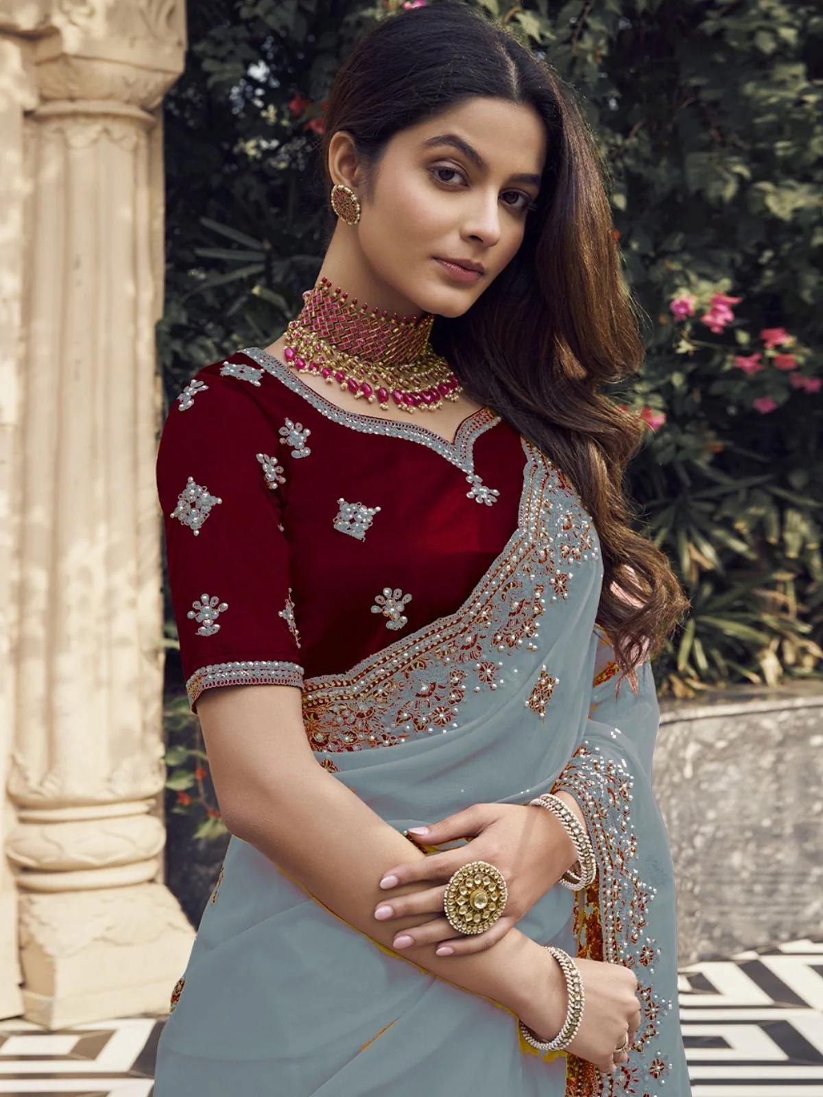 Odette Teal Georgette Embroidered Elegant Saree For Women - Image 3