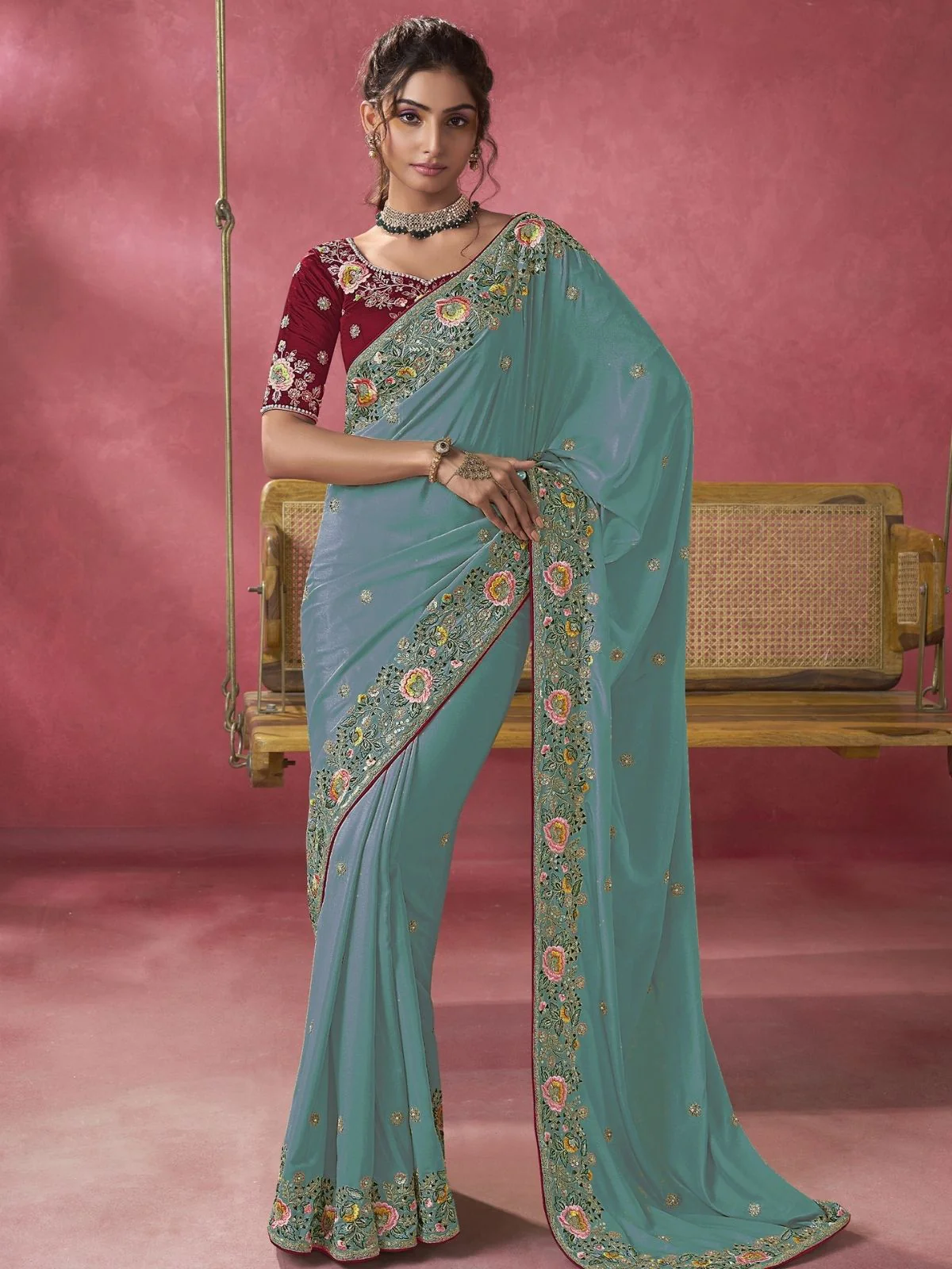 Odette Teal Georgette Embroidered Elegant Saree For Women