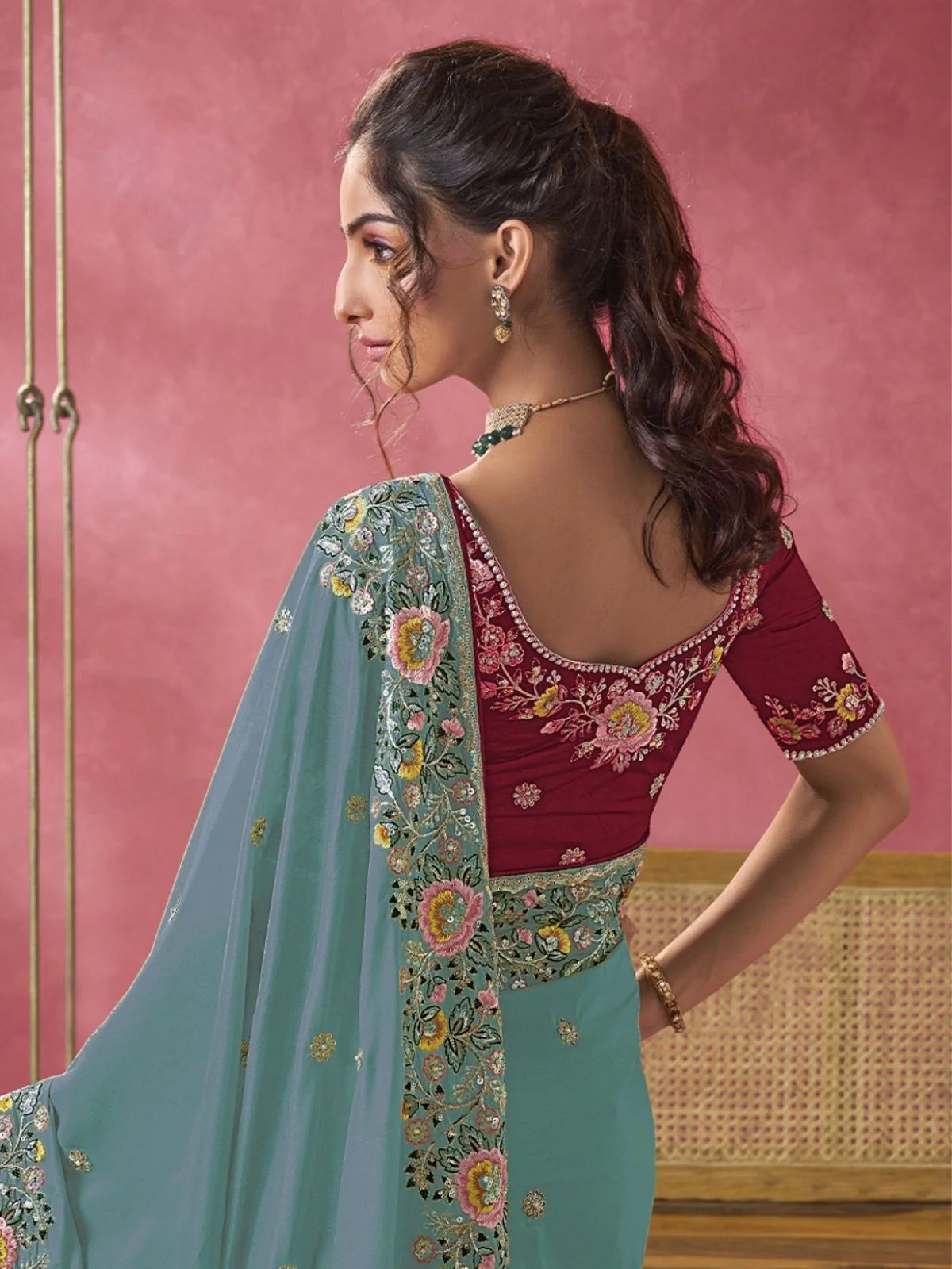Odette Teal Georgette Embroidered Elegant Saree For Women - Image 3