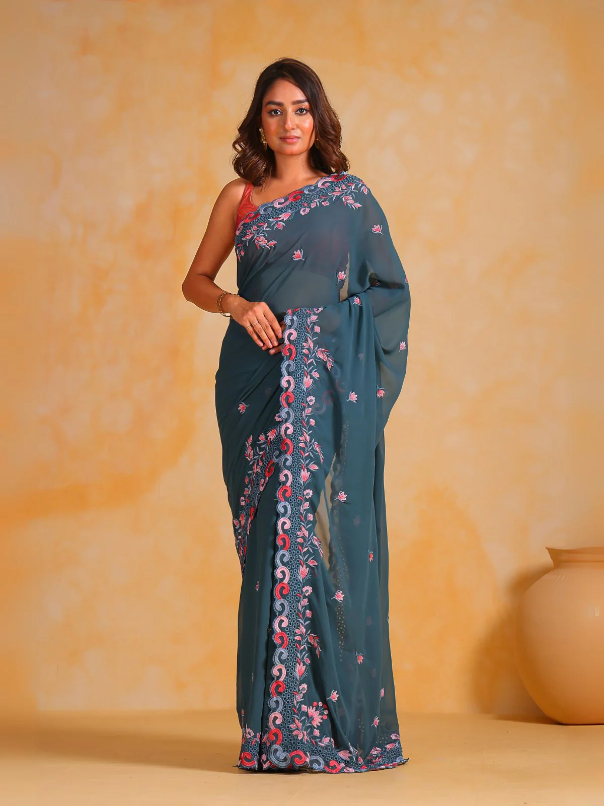 Odette Teal Georgette Embroidered Saree With Unstitched Blouse For Women