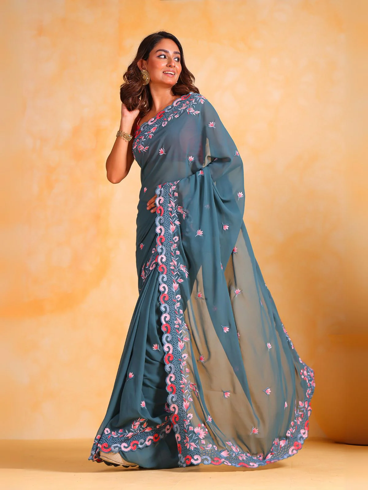 Odette Teal Georgette Embroidered Saree With Unstitched Blouse For Women - Image 2