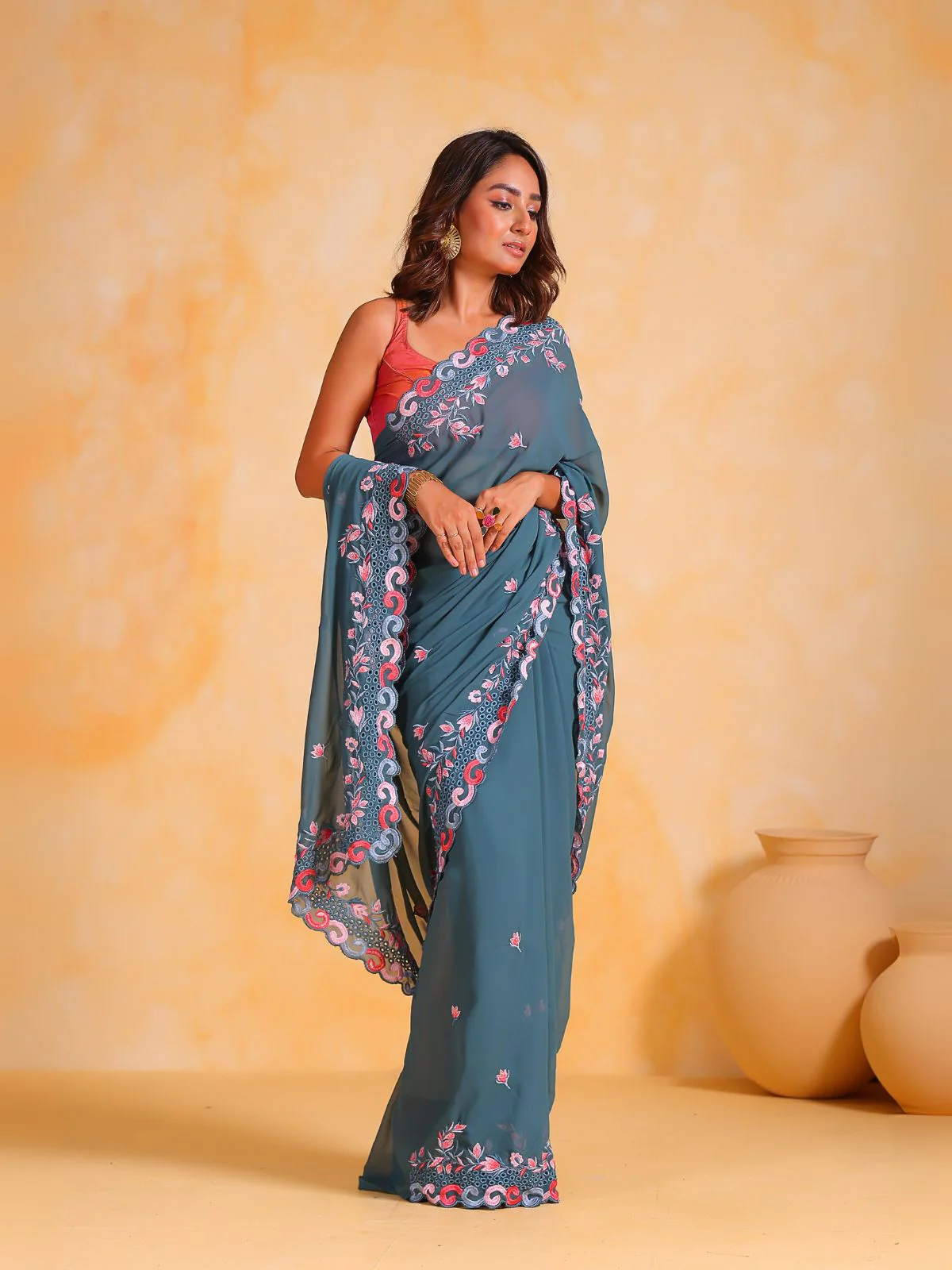 Odette Teal Georgette Embroidered Saree With Unstitched Blouse For Women - Image 3