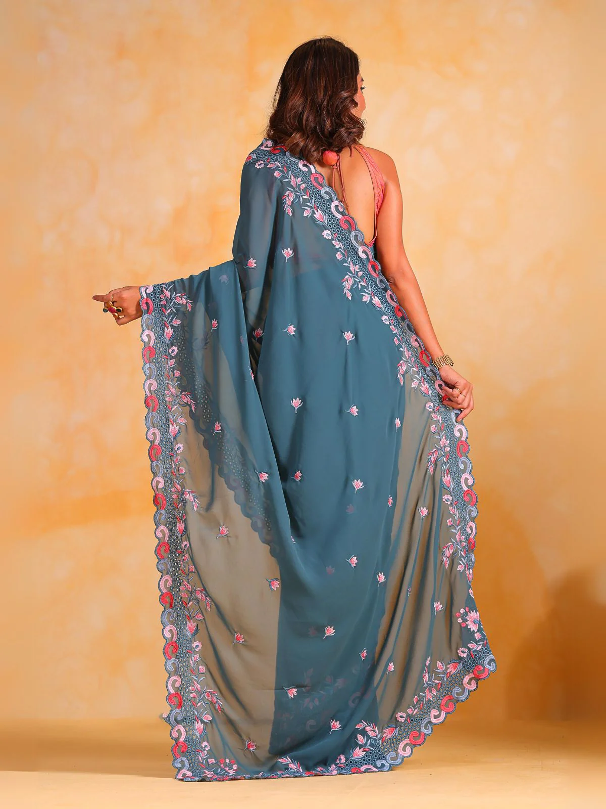 Odette Teal Georgette Embroidered Saree With Unstitched Blouse For Women - Image 4