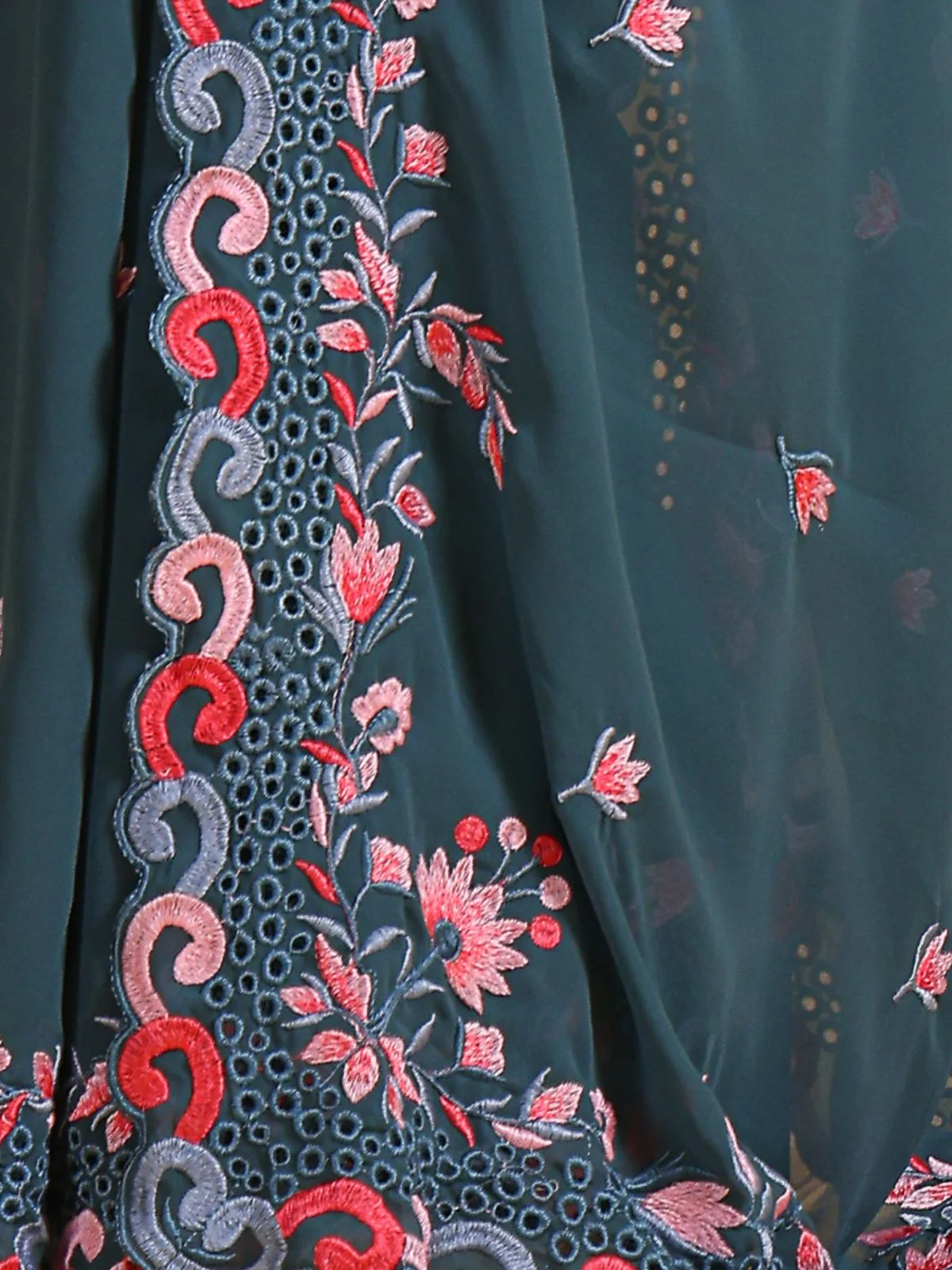 Odette Teal Georgette Embroidered Saree With Unstitched Blouse For Women - Image 5