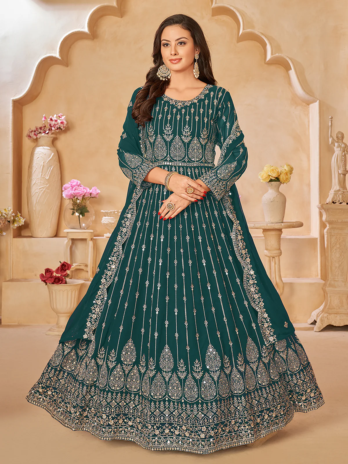 Odette Teal Georgette Embroidered Semi stitched Kurta Set For Women - Image 2