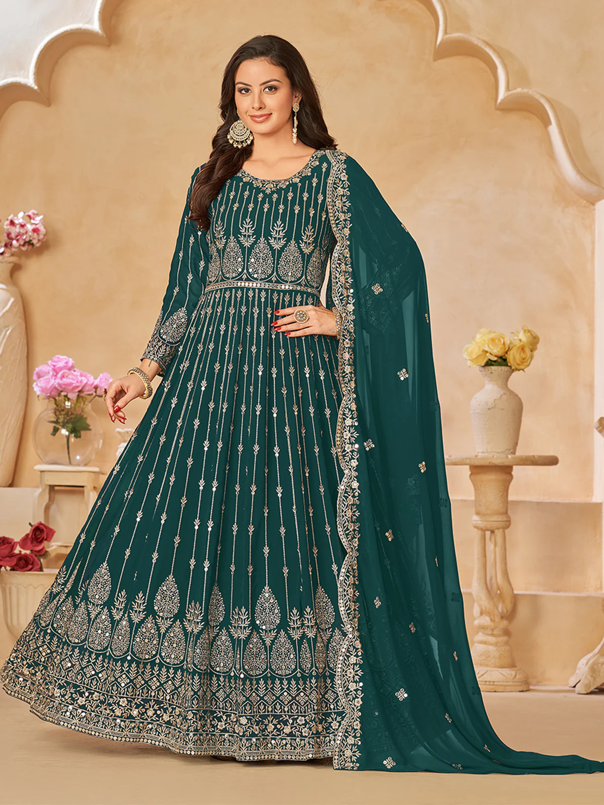Odette Teal Georgette Embroidered Semi stitched Kurta Set For Women - Image 3