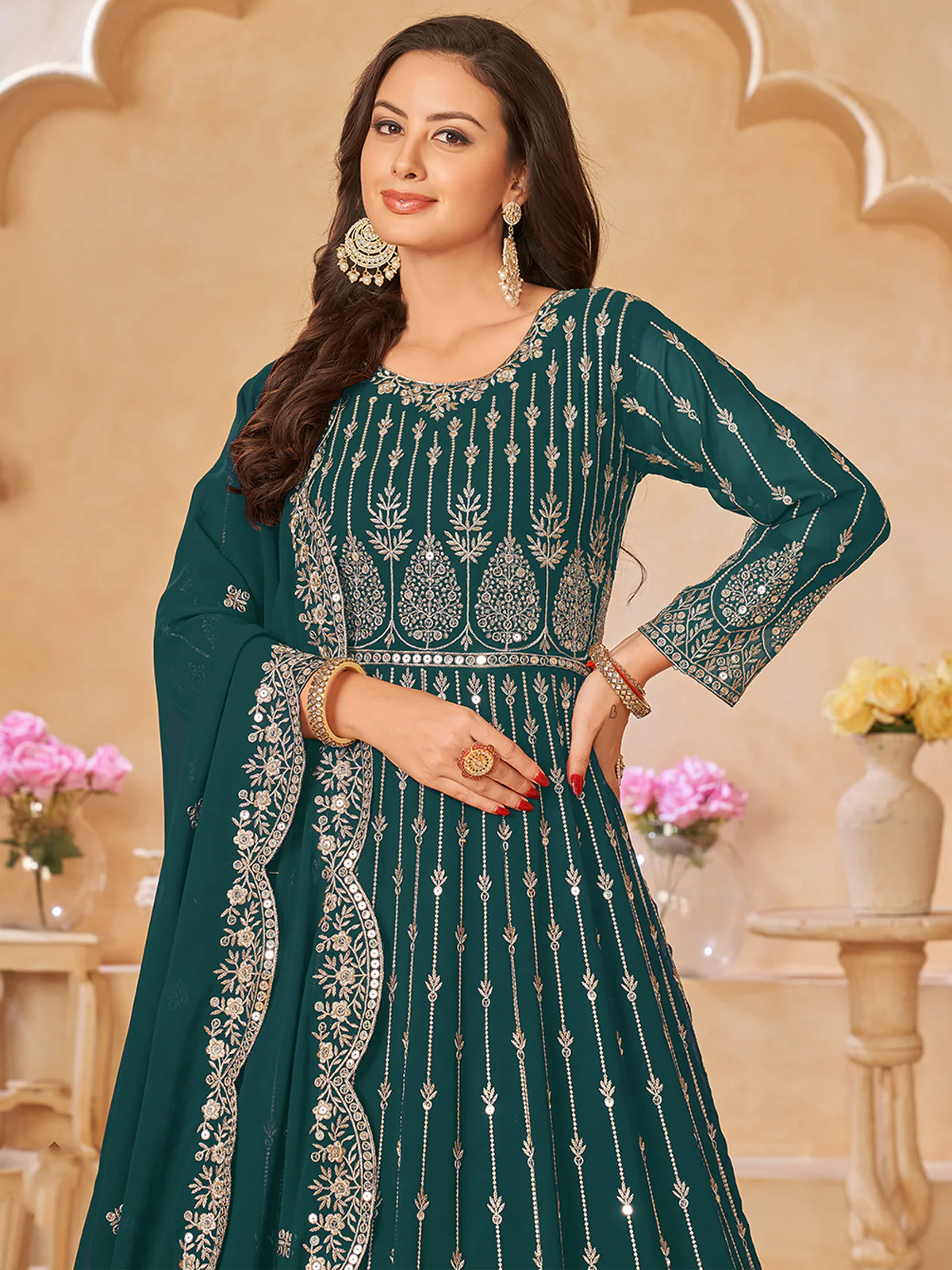 Odette Teal Georgette Embroidered Semi stitched Kurta Set For Women - Image 4