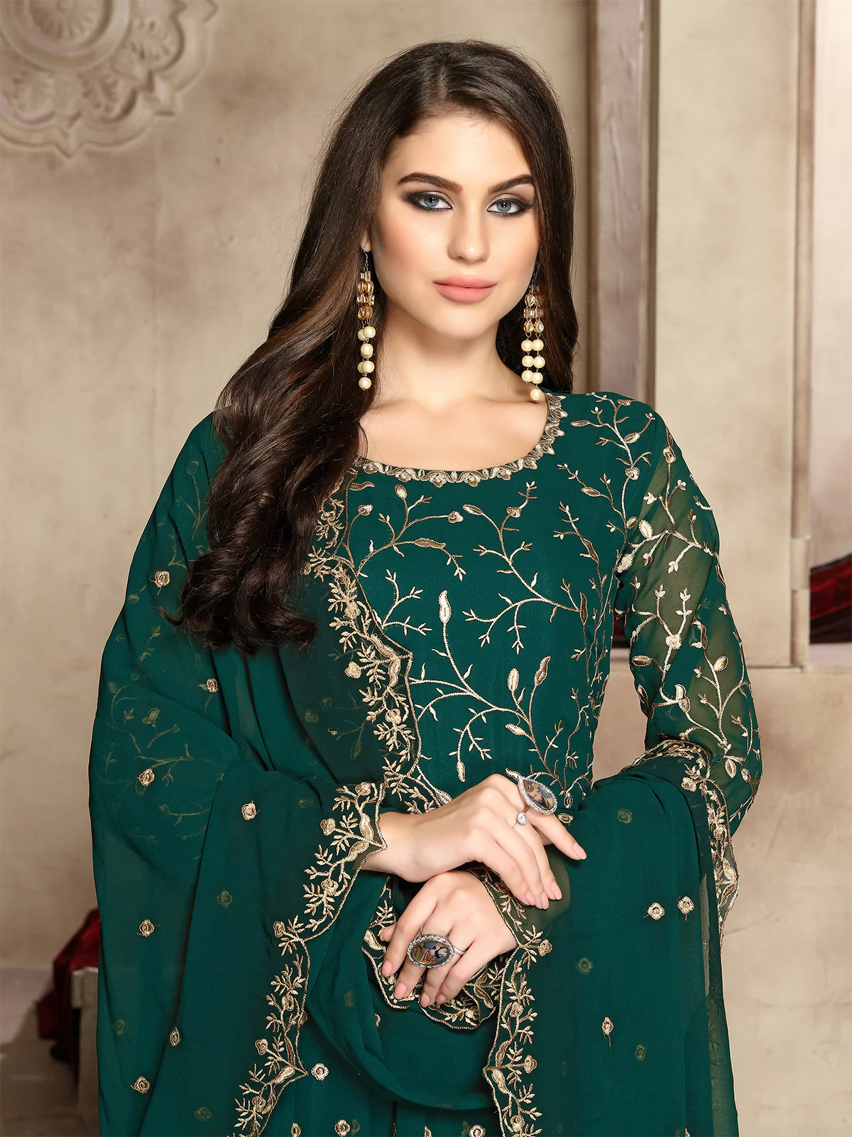 Odette Teal Georgette Embroidered Semi stitched Kurta Set For Women - Image 2