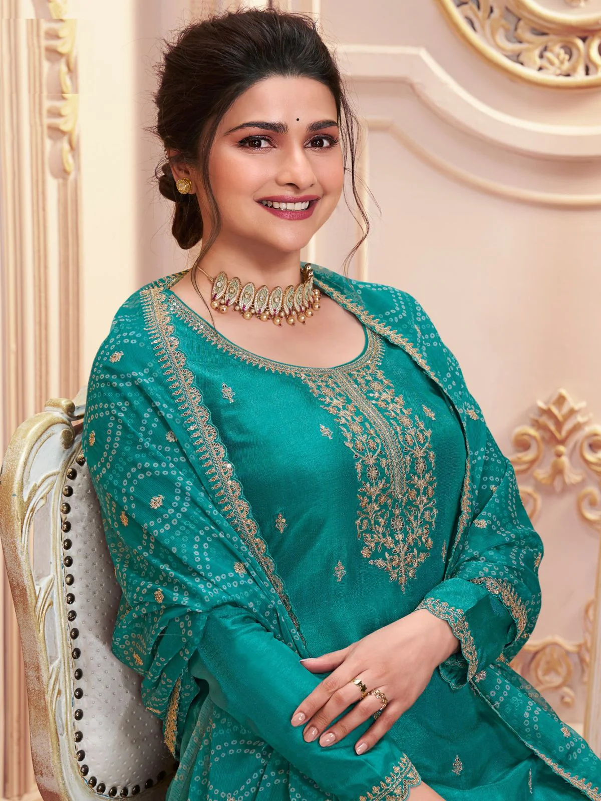 Odette Teal Georgette Embroidered Semi-Stitched Kurta Set For Women - Image 2