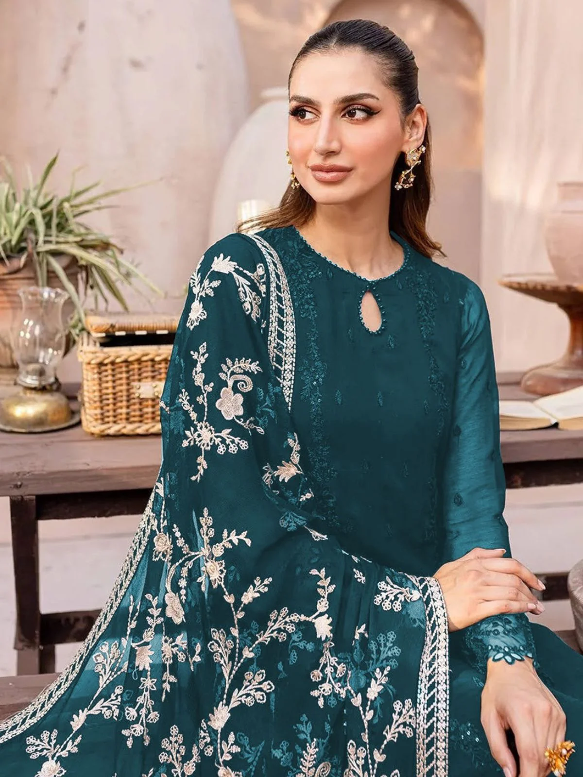 Odette Teal Georgette Embroidered Semi-Stitched Kurta Set For Women - Image 2