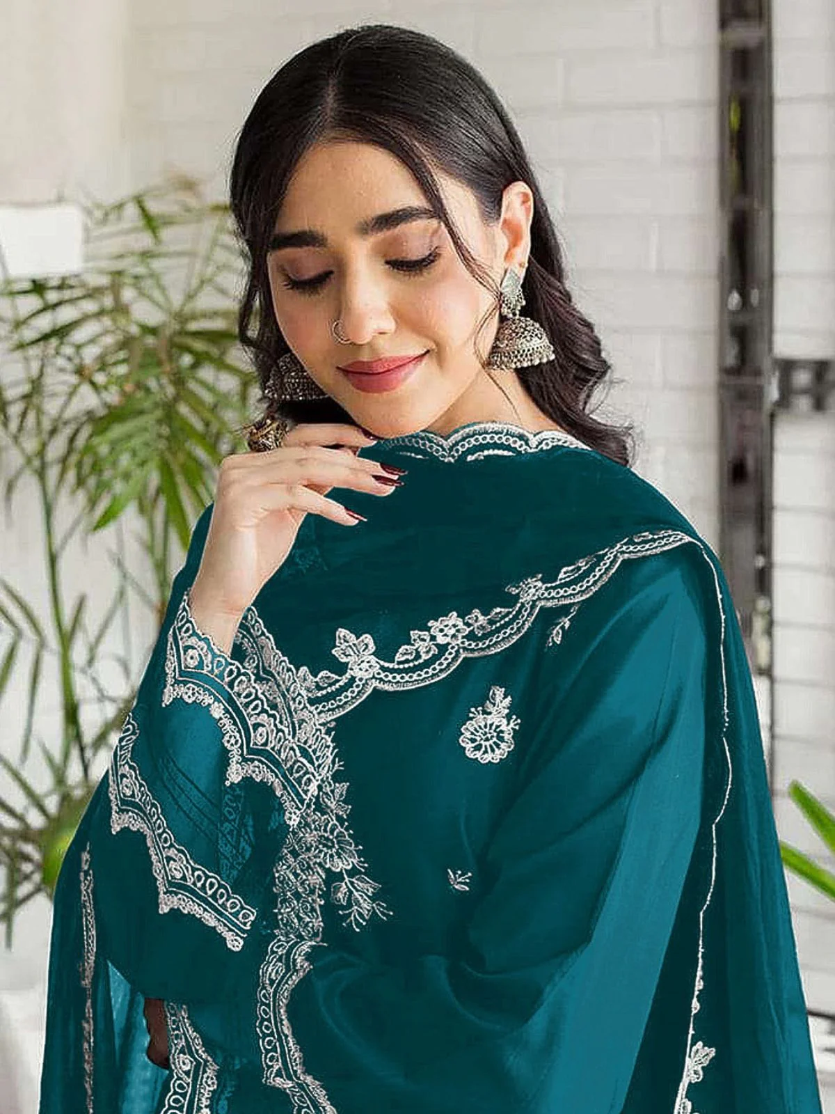Odette Teal Georgette Embroidered Semi-Stitched Kurta Set For Women - Image 2