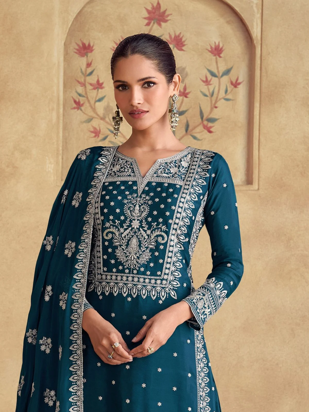 Odette Teal Georgette Embroidered Semi-Stitched Kurta Set For Women - Image 2