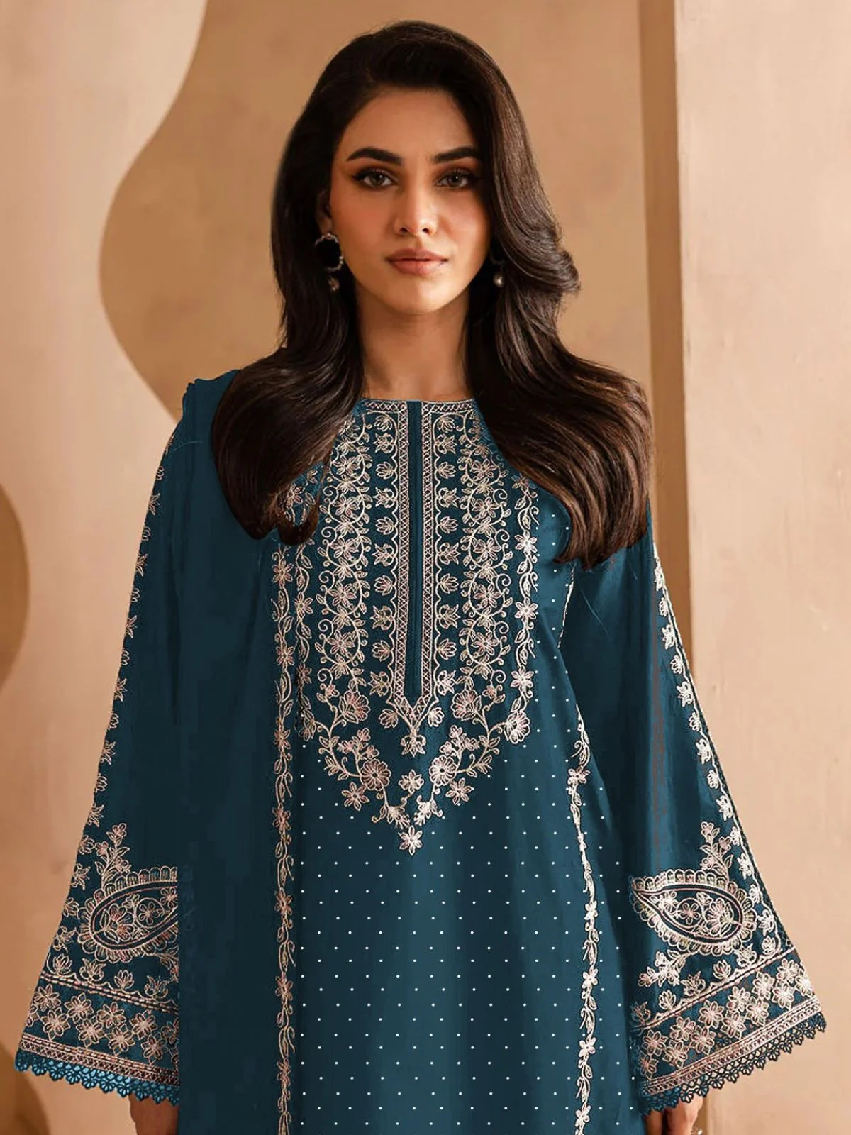 Odette Teal Georgette Embroidered Semi-Stitched Kurta Set For Women - Image 2