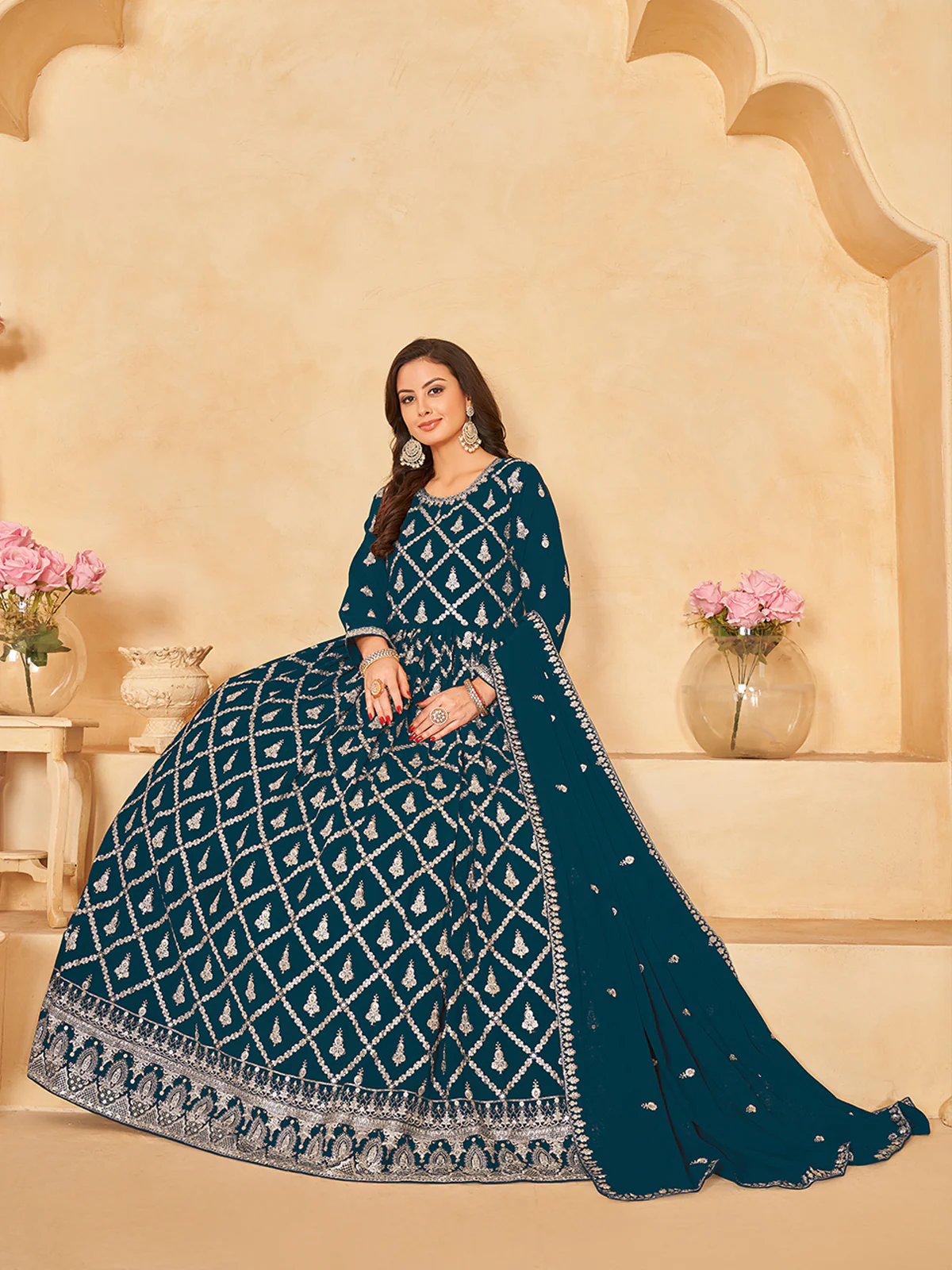 Odette Teal Georgette Embroidered Semi stitched Kurta Set with Inner For Women - Image 2