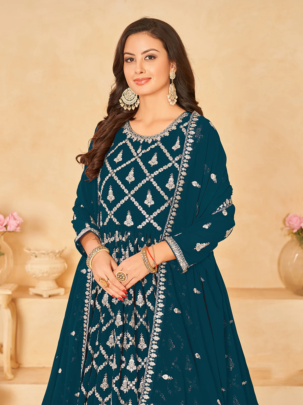 Odette Teal Georgette Embroidered Semi stitched Kurta Set with Inner For Women - Image 3