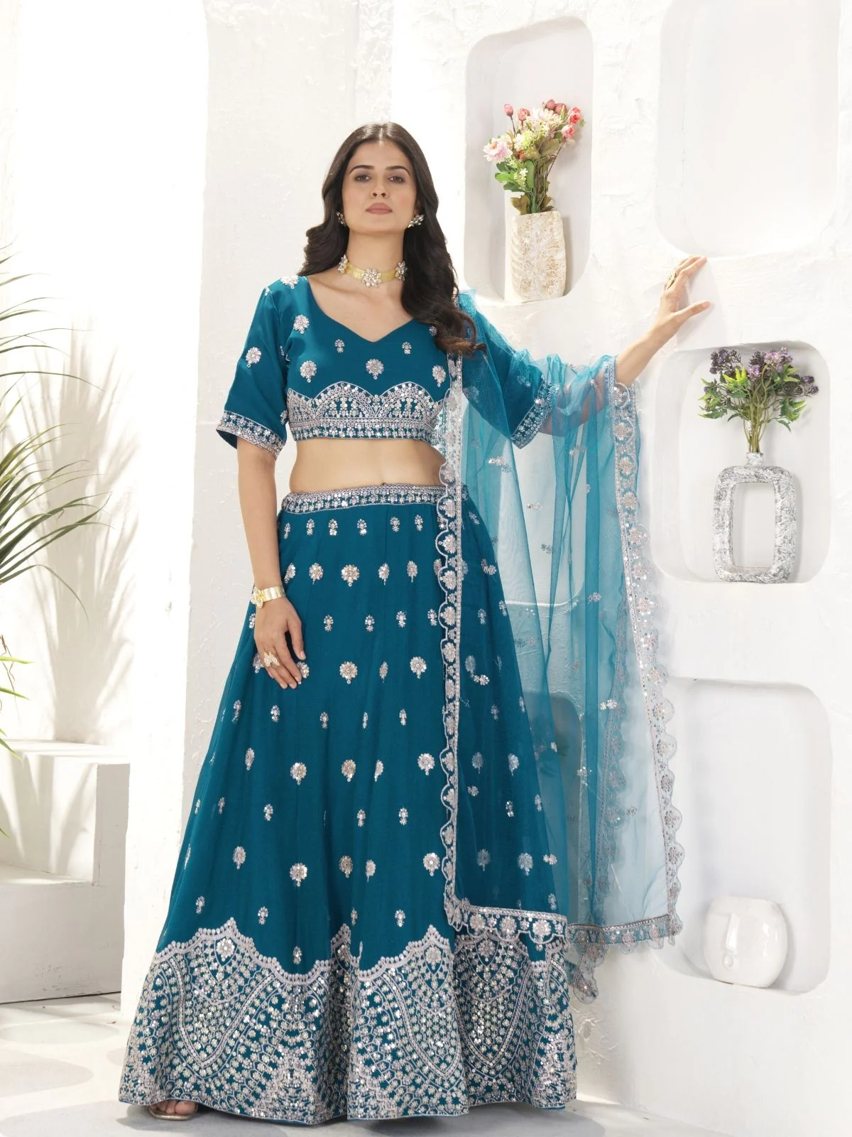 Odette Teal Georgette Embroidered Semi-Stitched lehenga For Women - Image 2