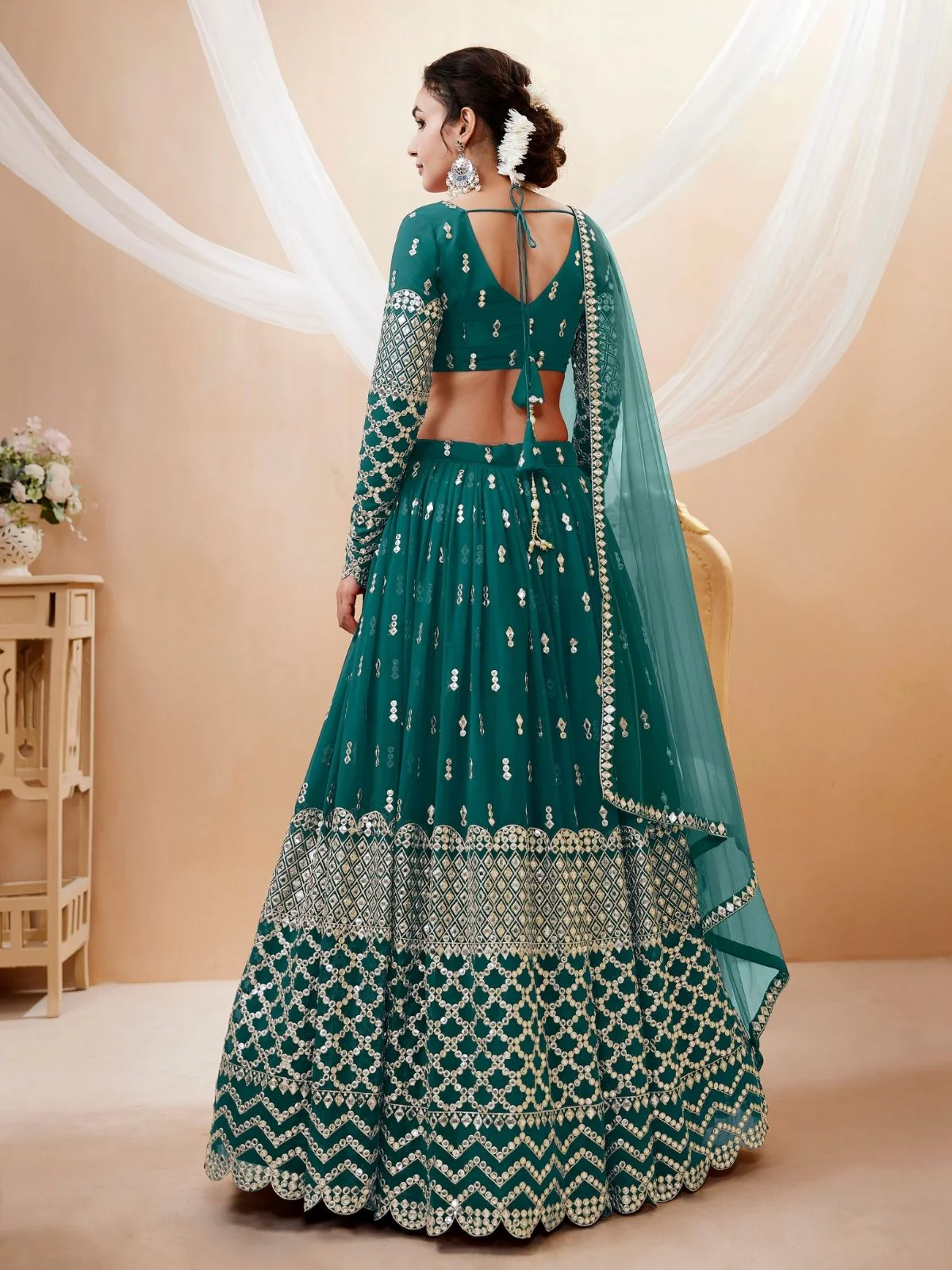 Odette Teal Georgette Embroidered Semi Stitched Lehenga With Unstitched Blouse For Women - Image 3