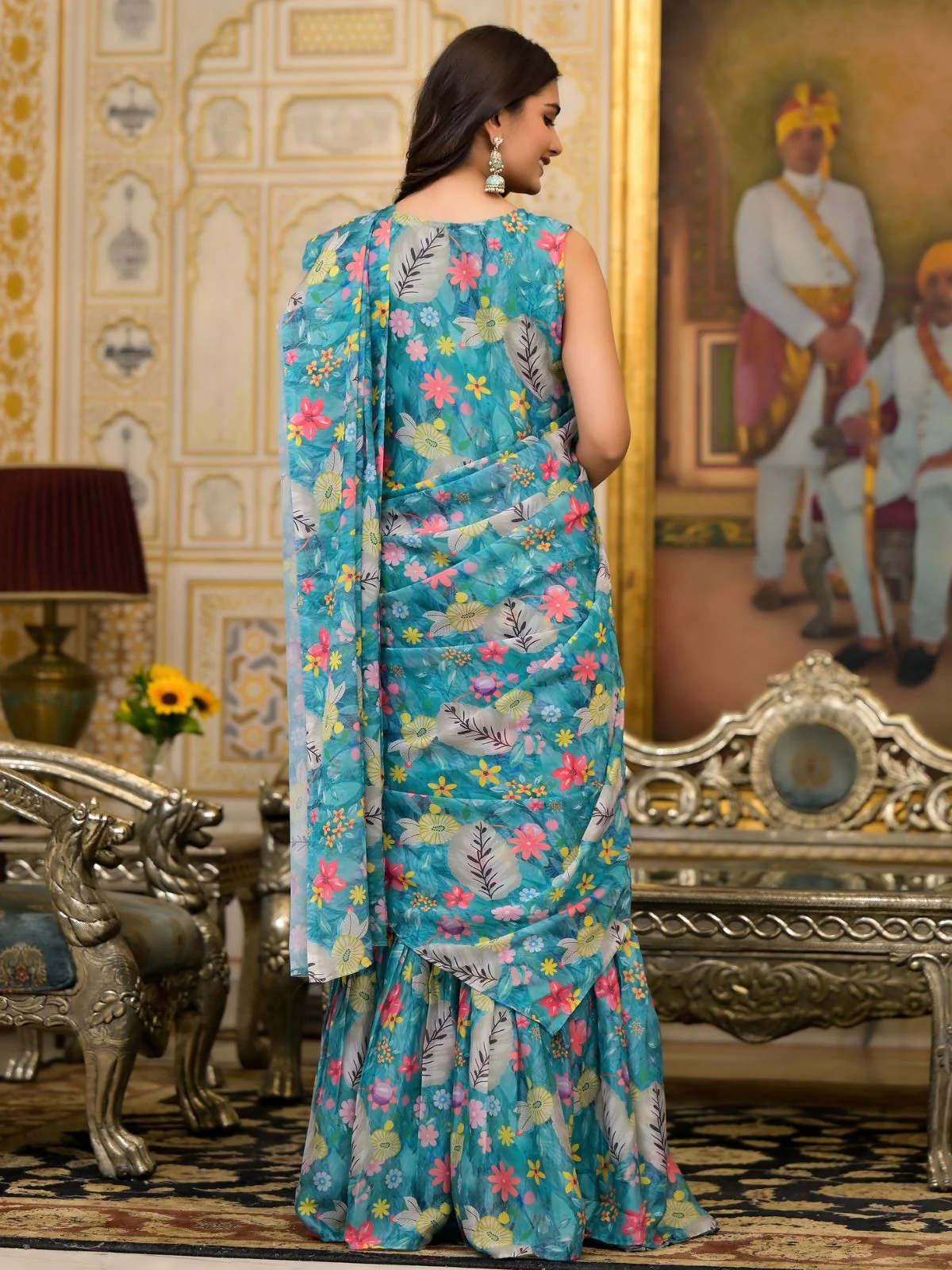 Odette Teal Georgette Printed Ready To Wear Saree For Women - Image 4