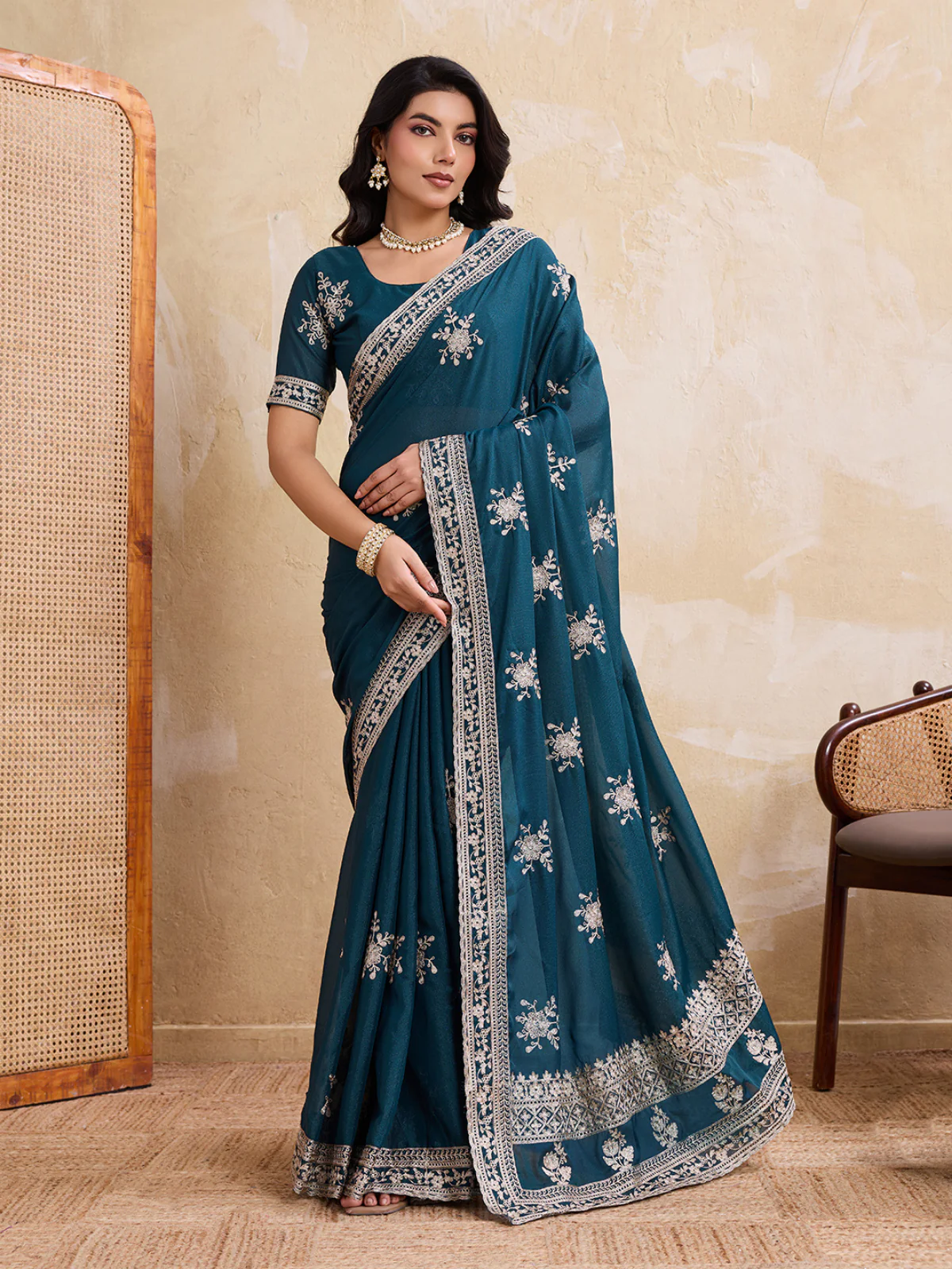 Odette Teal Georgette Printed Saree For Women