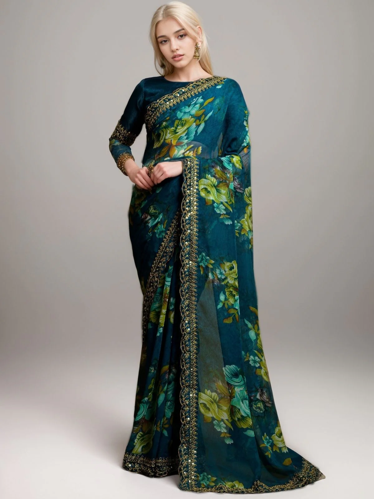 Odette Teal Georgette Printed Saree For Women