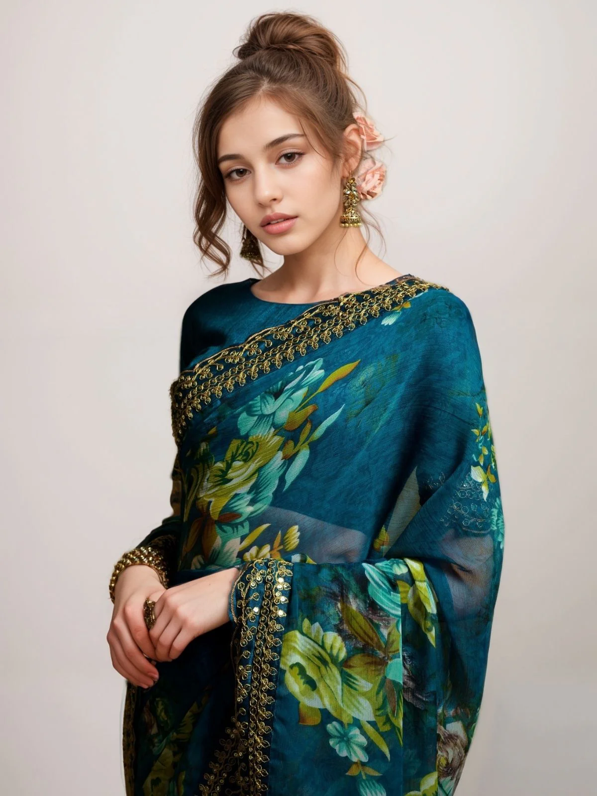 Odette Teal Georgette Printed Saree For Women - Image 2