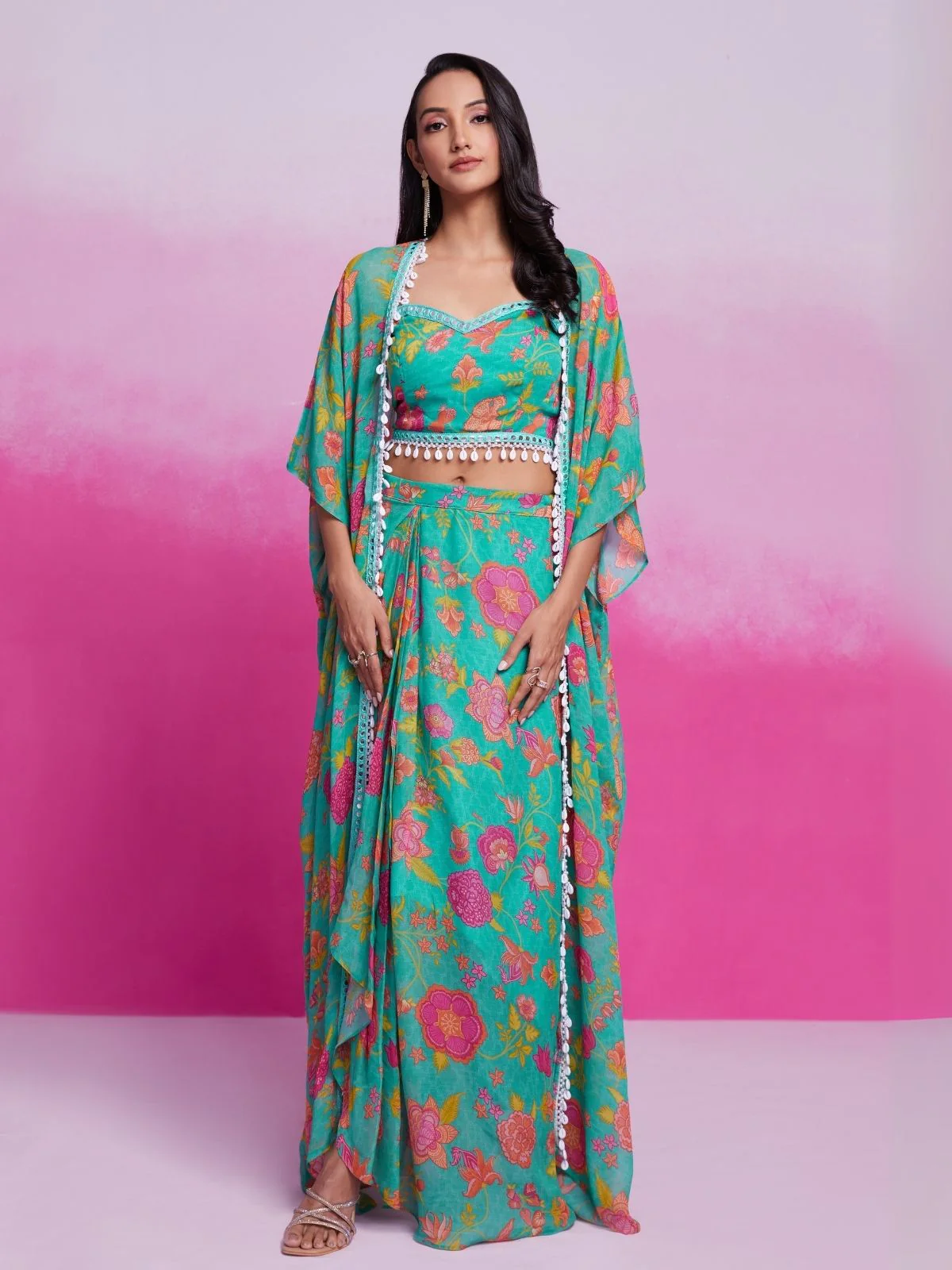 Odette Teal Georgette Printed Stitched Co-Ord Set For Women