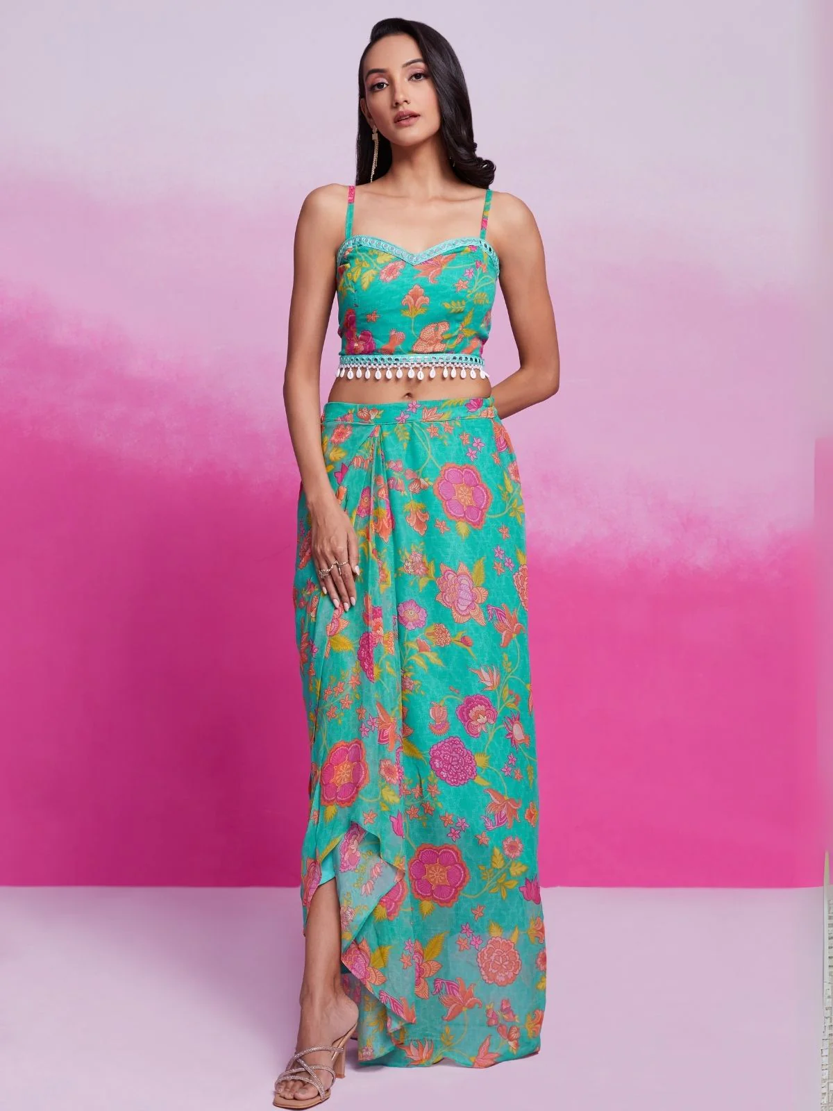 Odette Teal Georgette Printed Stitched Co-Ord Set For Women - Image 2