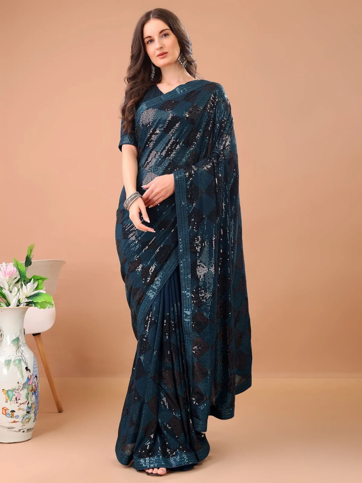 Odette Teal Georgette Sequin Elegant Saree For Women