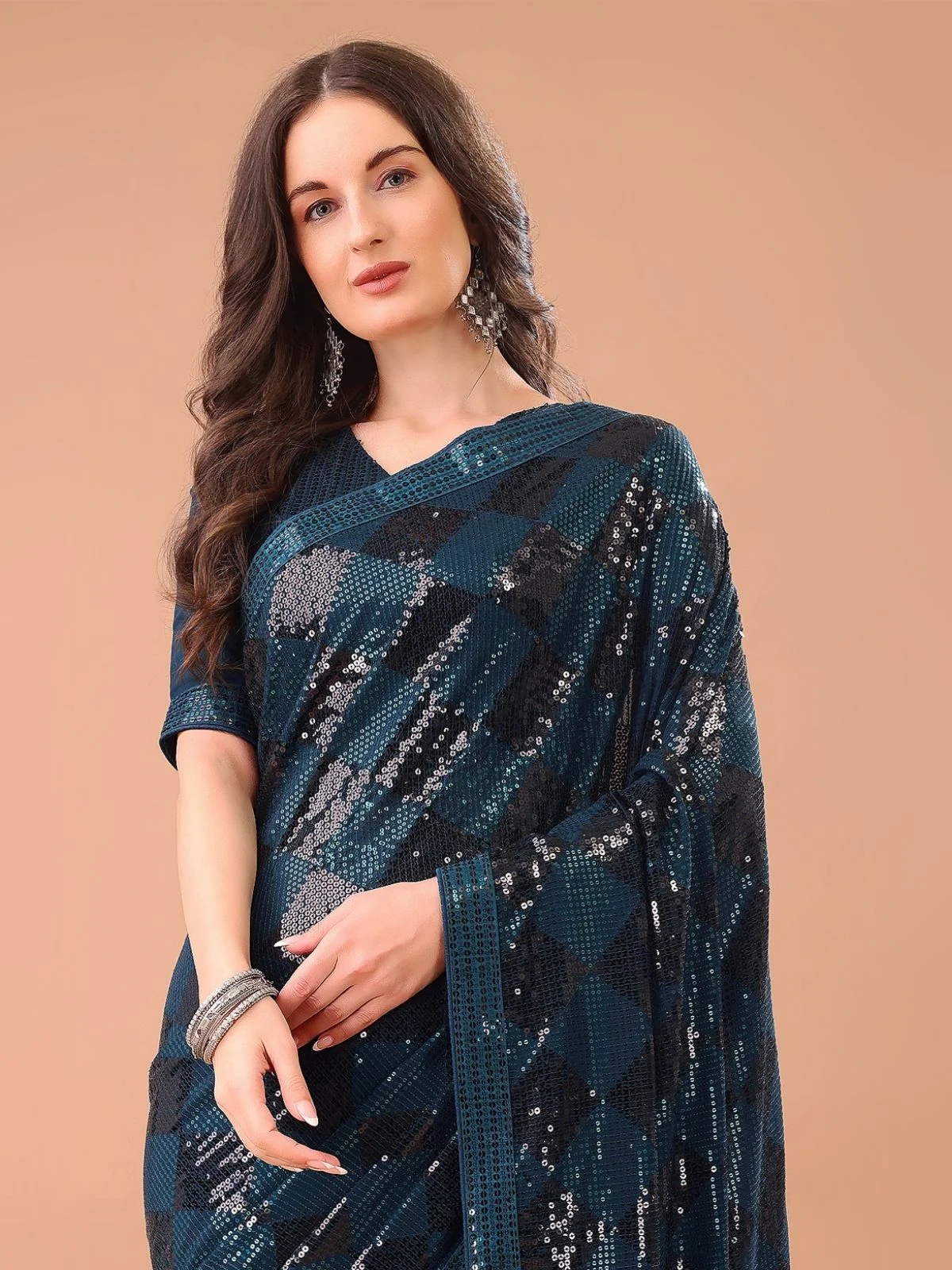 Odette Teal Georgette Sequin Elegant Saree For Women - Image 5