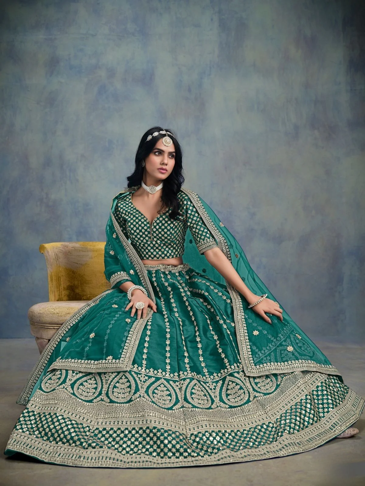 Odette Teal Green Art Silk Embellished Semi-Stitched lehenga For Women - Image 2