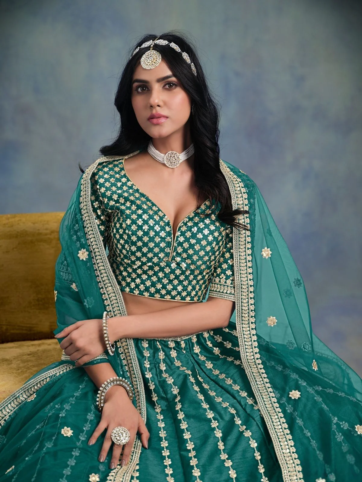 Odette Teal Green Art Silk Embellished Semi-Stitched lehenga For Women - Image 3