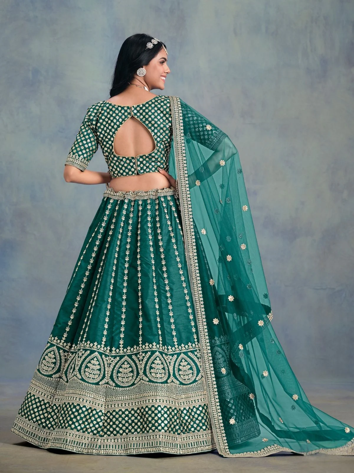 Odette Teal Green Art Silk Embellished Semi-Stitched lehenga For Women - Image 4
