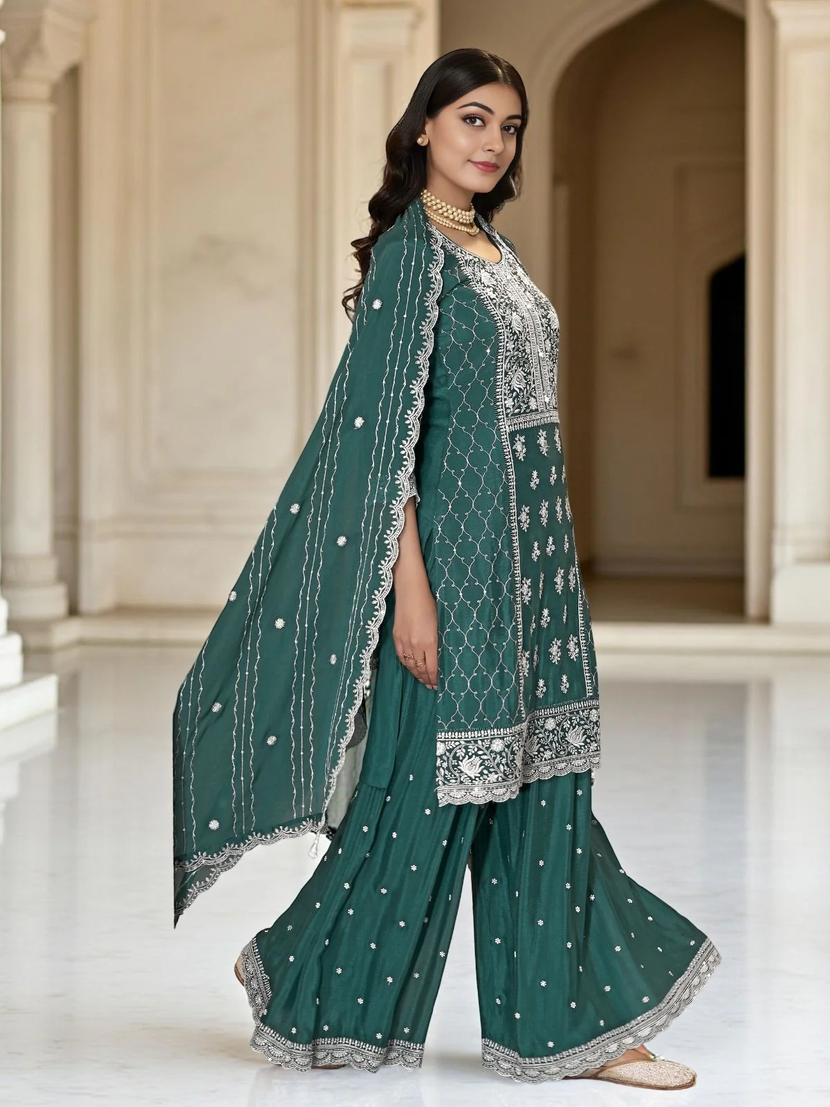 Odette Teal Green Chinon Embroidered Stitched Kurta Set For Women - Image 2
