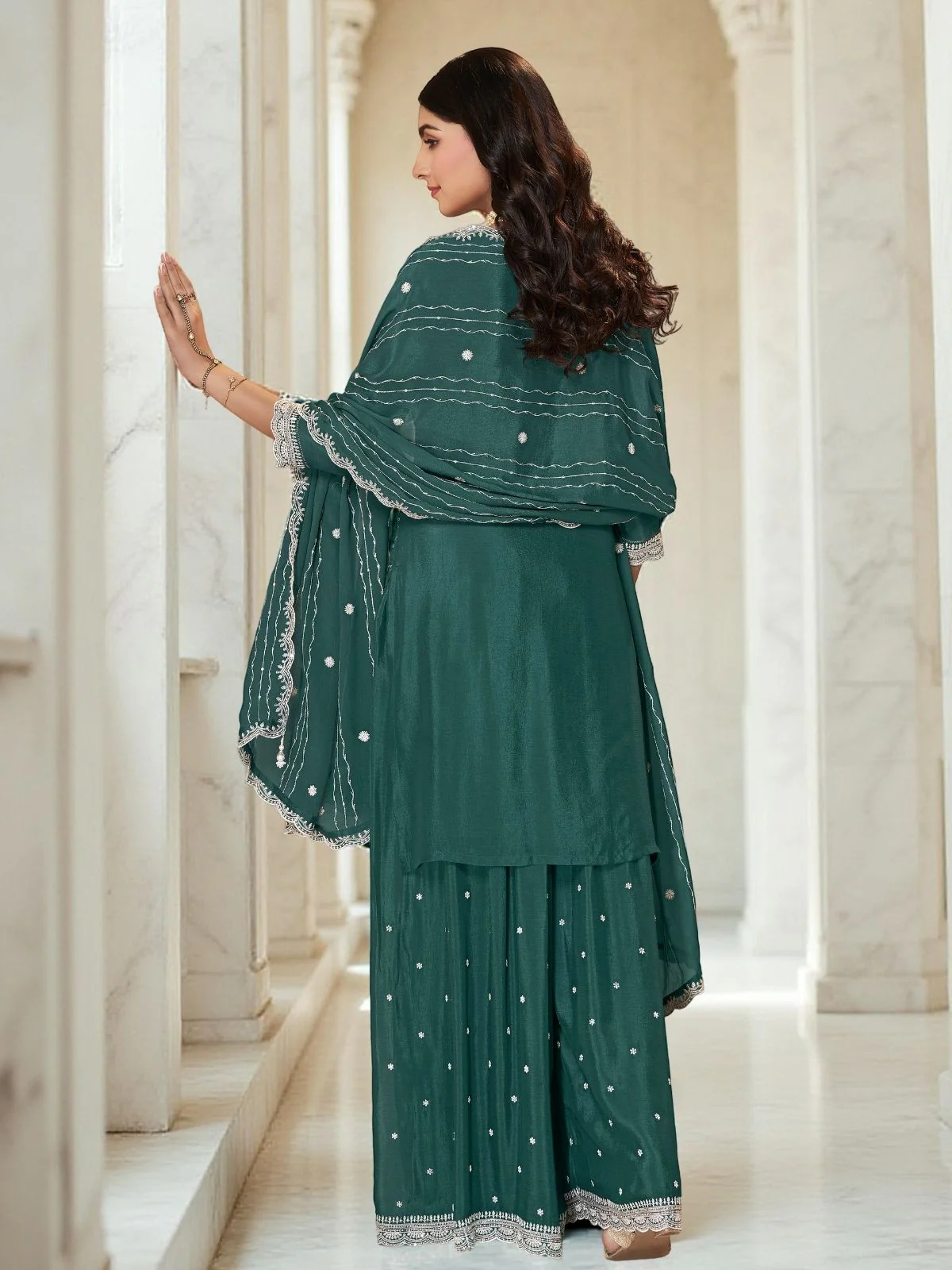 Odette Teal Green Chinon Embroidered Stitched Kurta Set For Women - Image 3