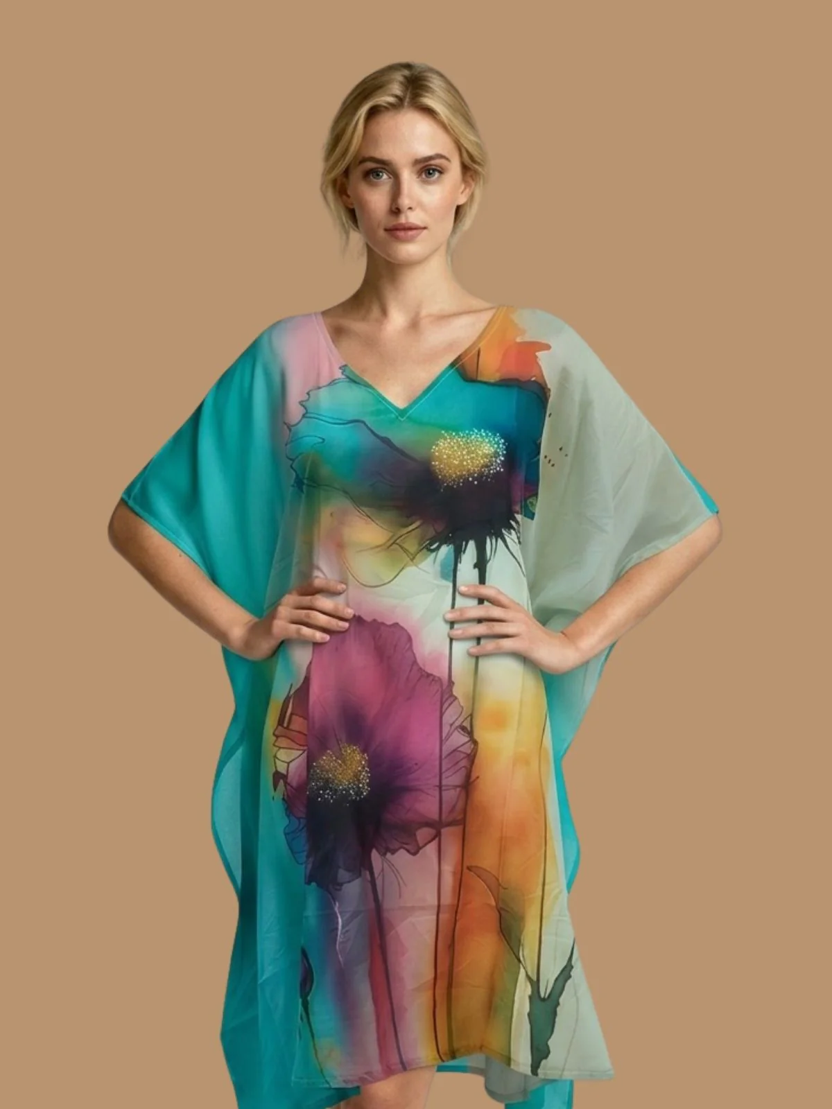 Odette Teal Green Cotton Blend Printed Kaftan For Women - Image 4