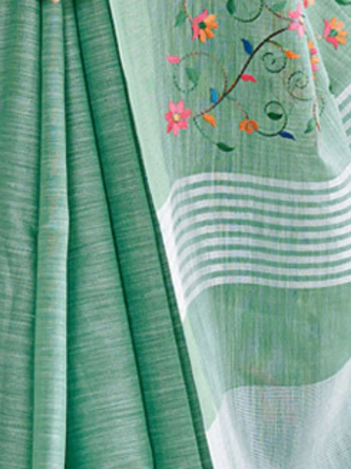 Odette Teal Green Cotton Linen Striped Saree For Women - Image 3