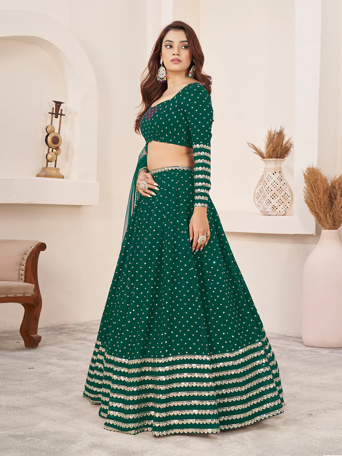 Odette Teal Georgette Embellished Semi Stitched Lehenga With Unstitched Blouse For Women - Image 2