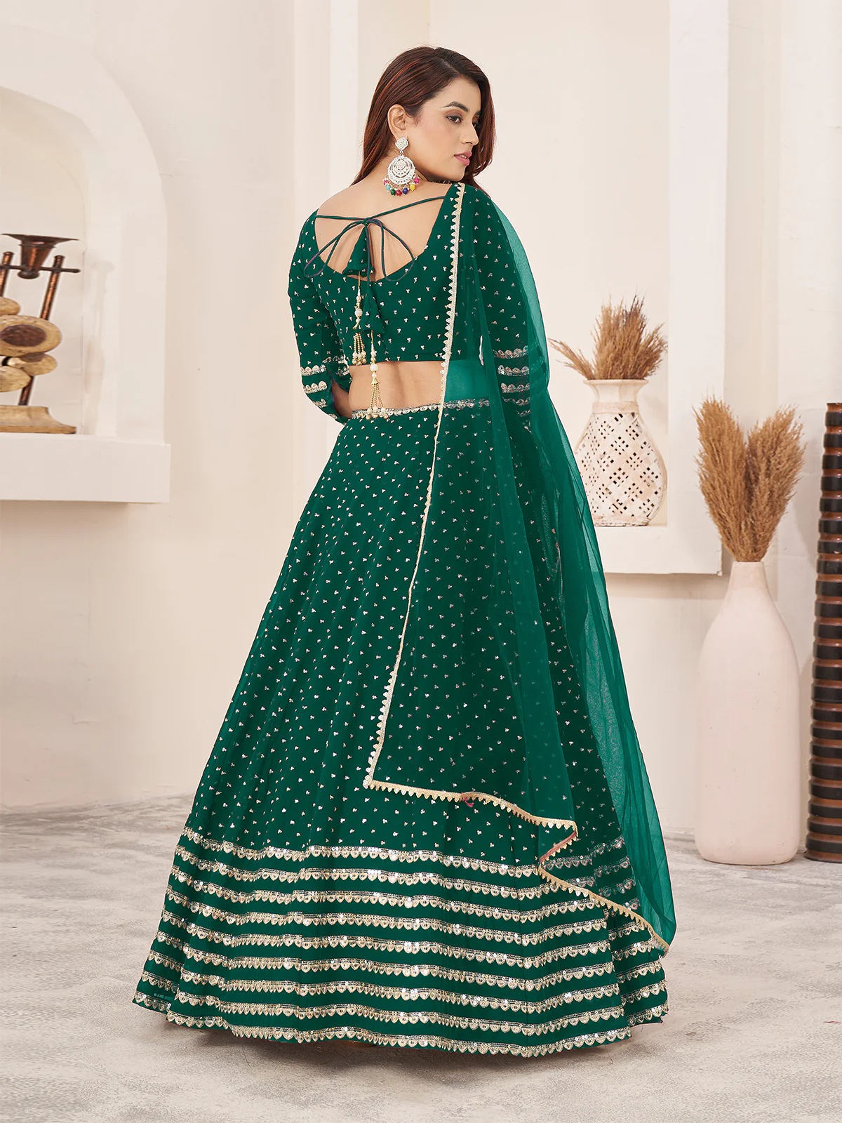 Odette Teal Georgette Embellished Semi Stitched Lehenga With Unstitched Blouse For Women - Image 6
