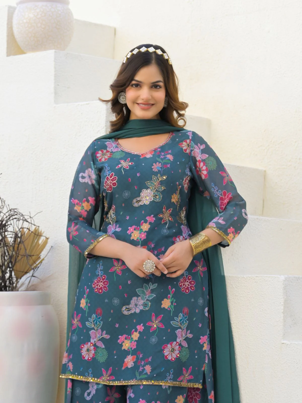 Odette Teal Green Georgette Embellished Stiched Kurta Set For Women - Image 5