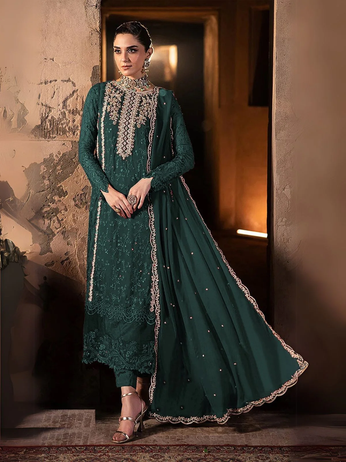 Odette Teal Green Georgette Embroidered Semi-Stitched Kurta Set For Women