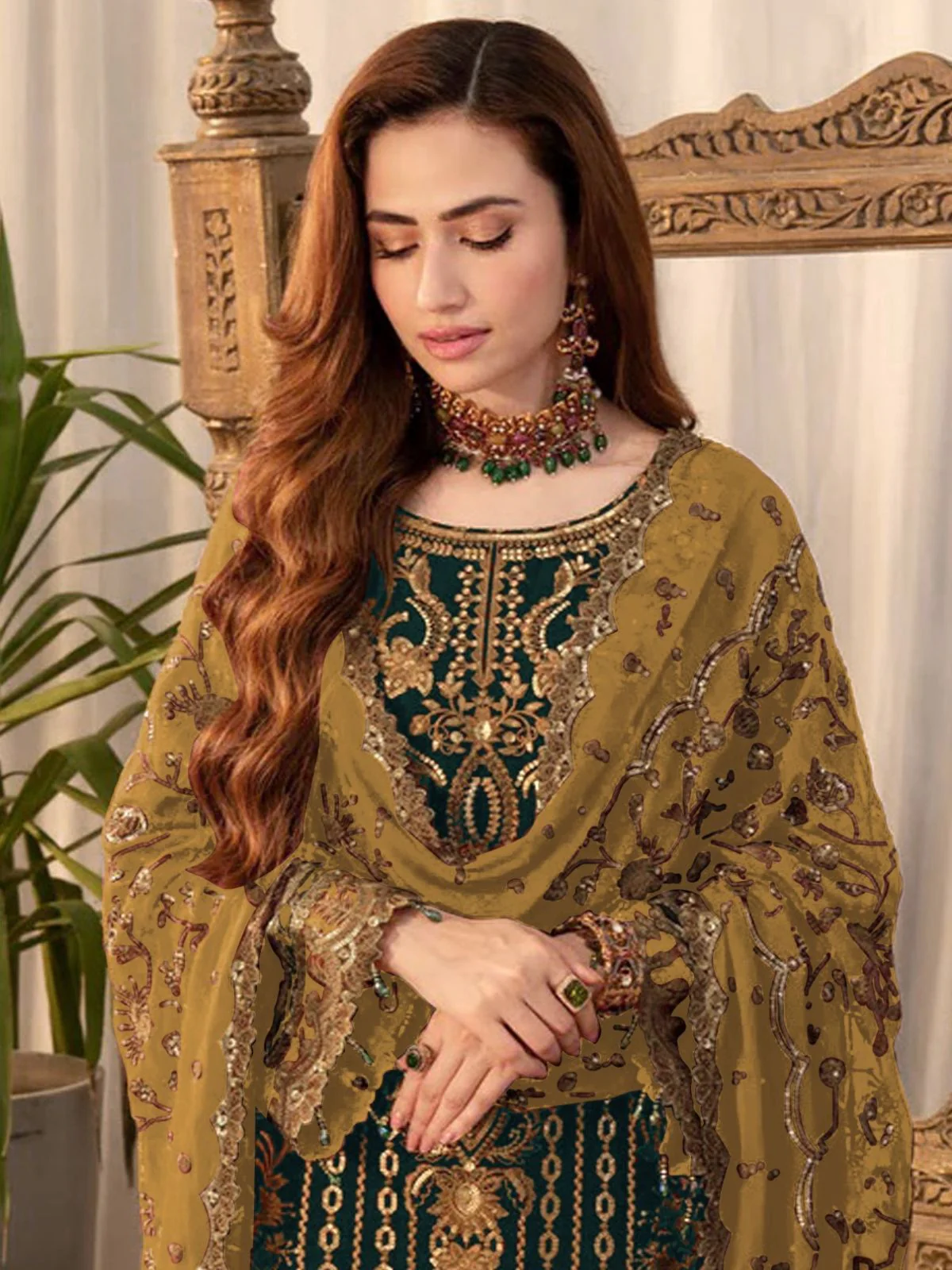 Odette Teal Green Georgette Embroidered Semi-Stitched Kurta Set For Women - Image 2