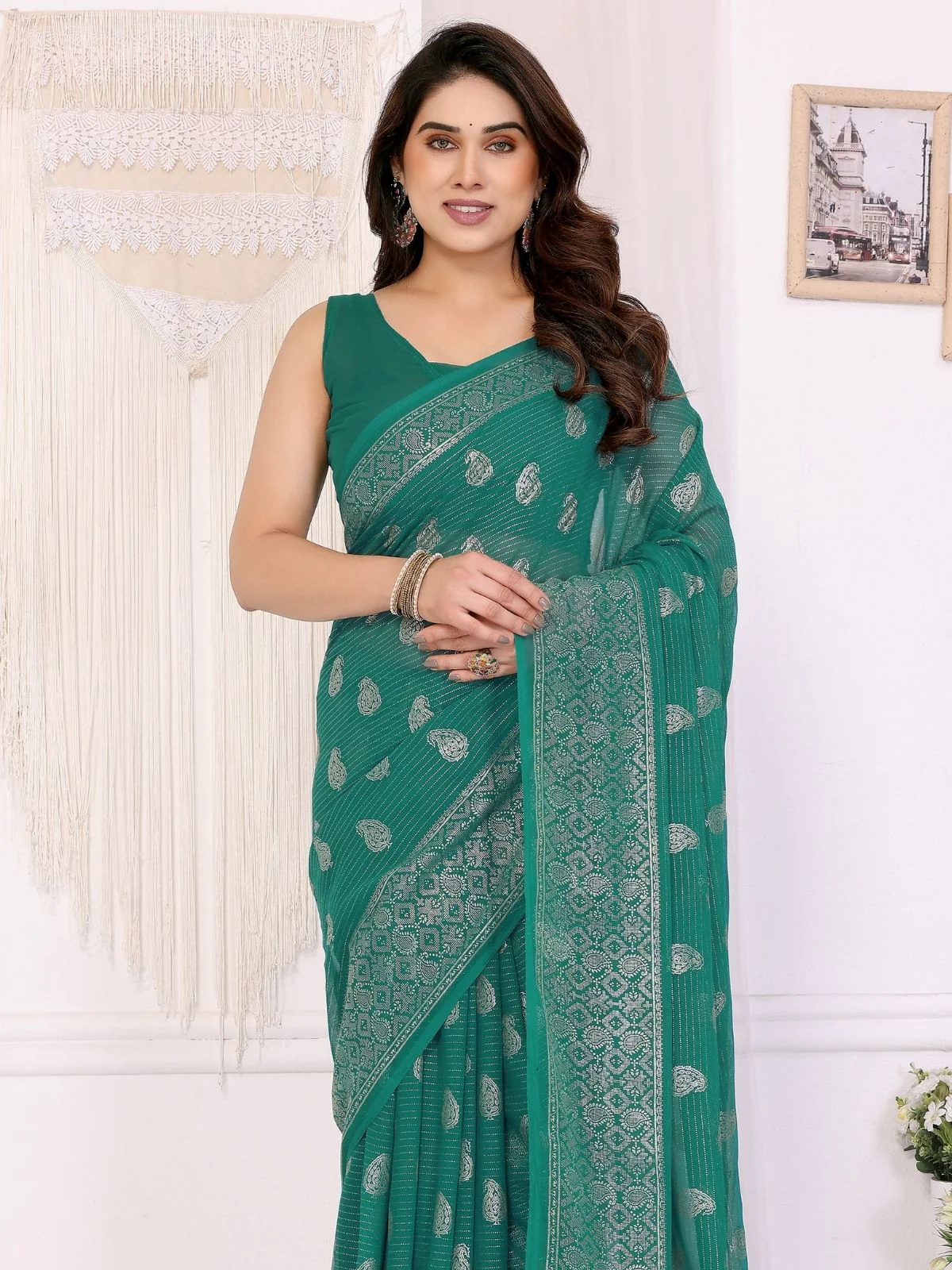 Odette Teal Green Georgette Printed Saree For Women - Image 4